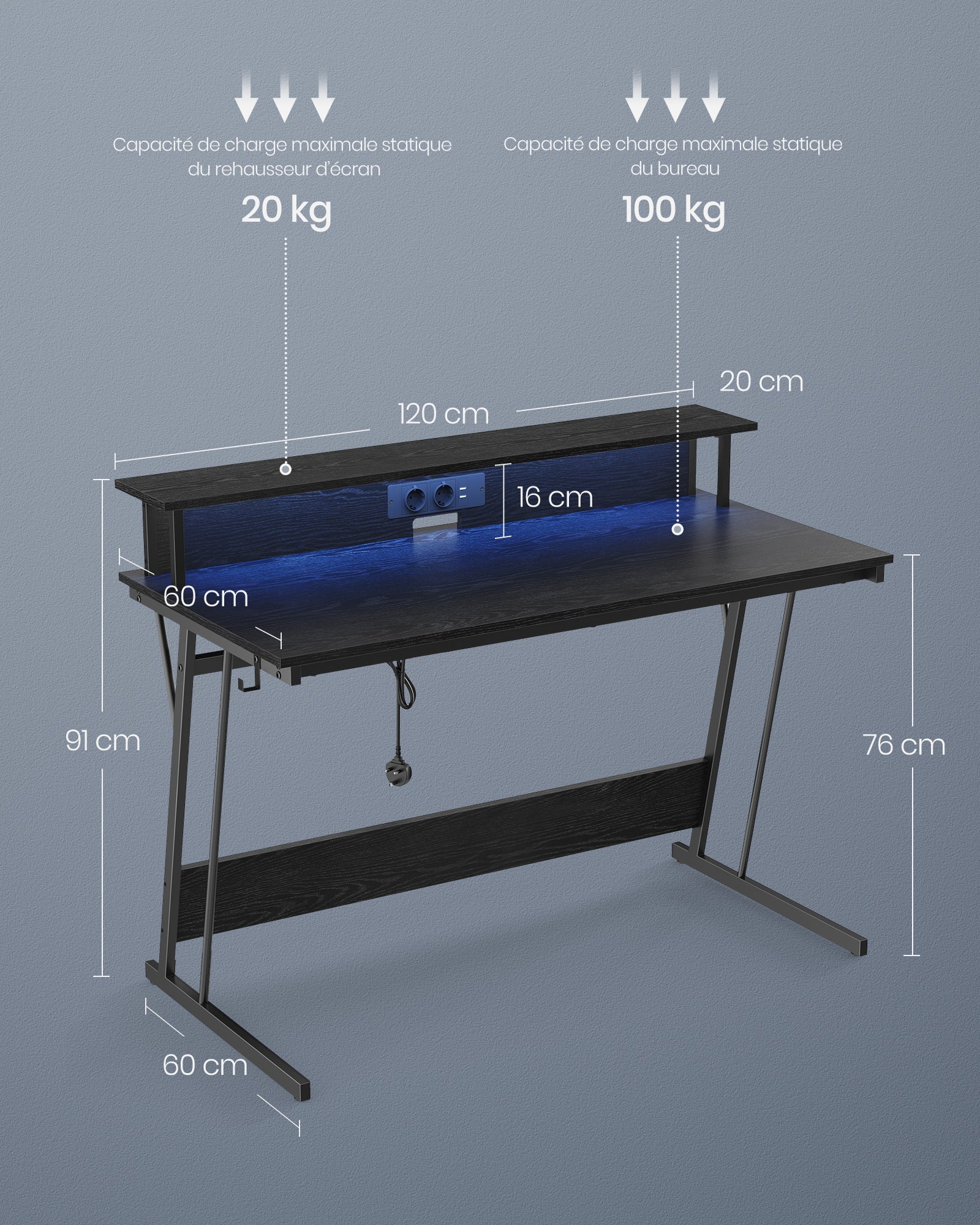 Bureau Gaming avec LED et Multiprise, Bureau Informatique avec Rehausseur d’Écran, 60 x 120 x 75 cm, Noir Boisé - 5