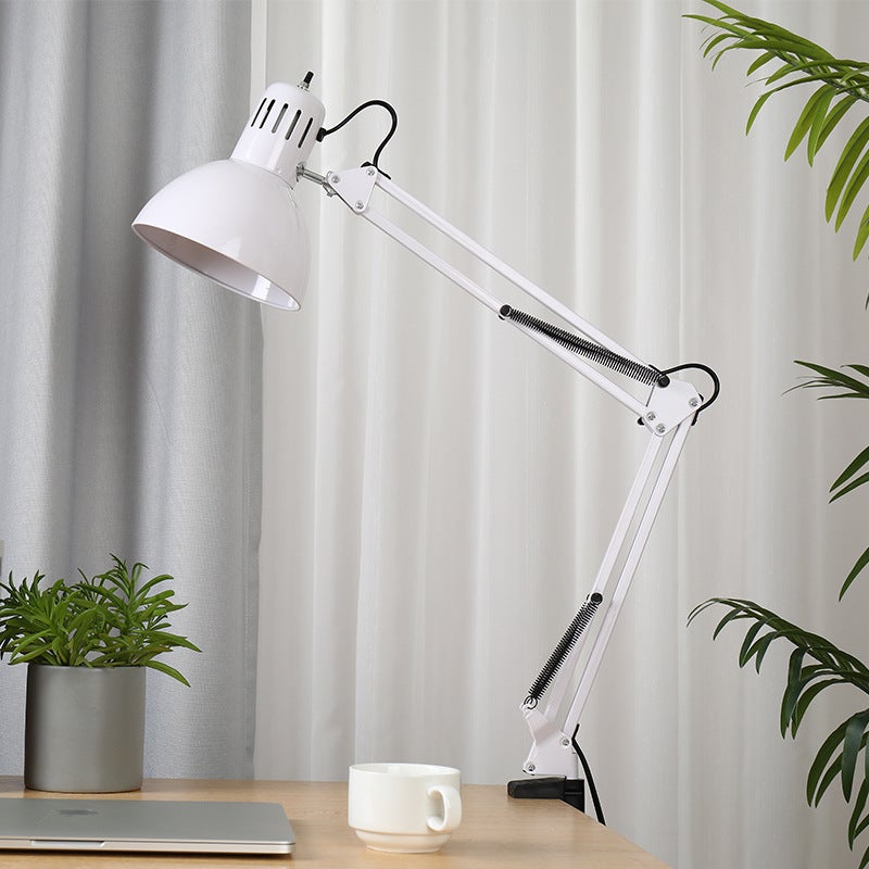 Bardzo długa żelazna lampa biurkowa LED do pracy, biura i domu, biała, standard europejski, E27, bez żarówki