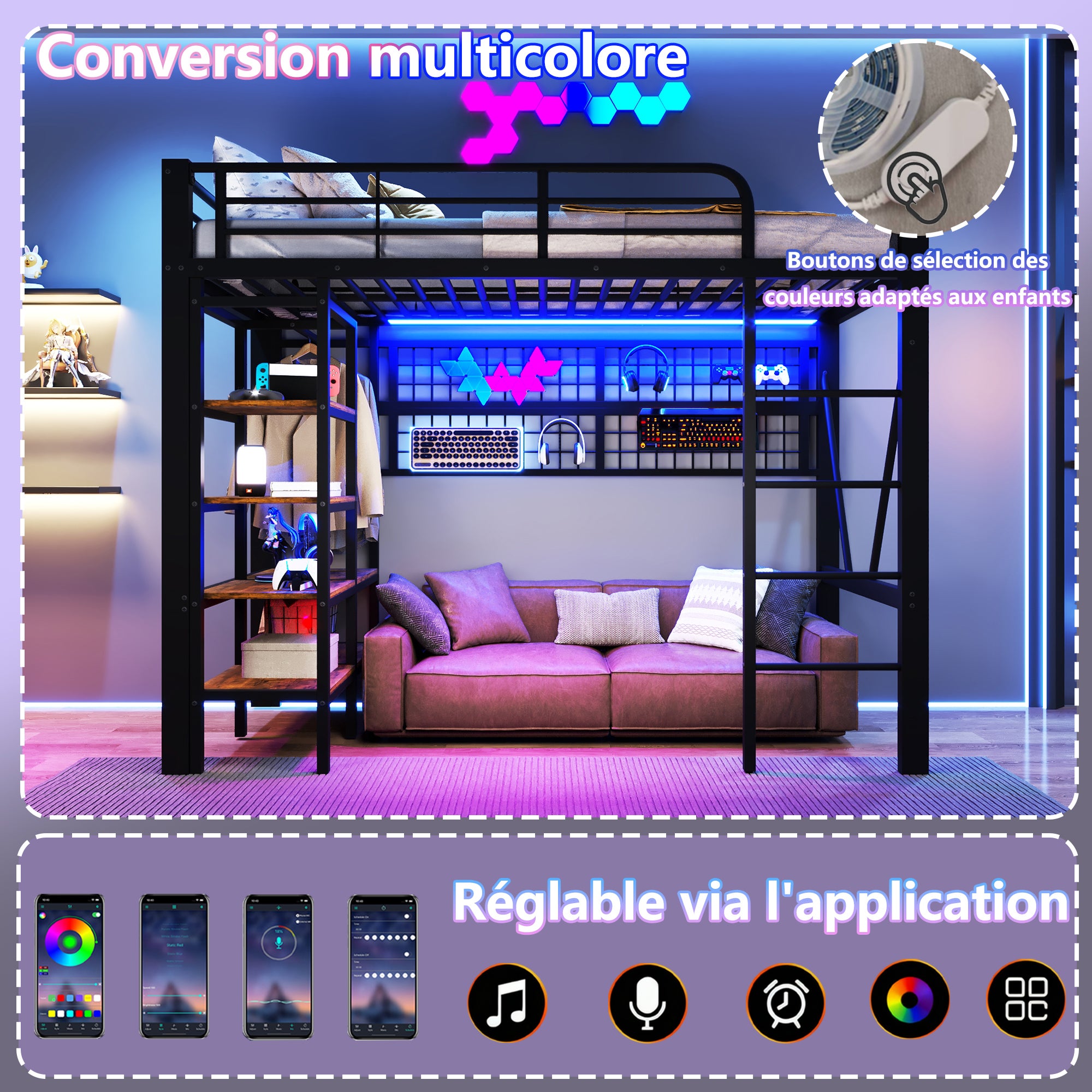 Lit mezzanine 90x200cm multifonction avec rangements, Lit simple avec LED intégrées, filet suspendu et barre pour vêtements, structure métallique Noir - 6