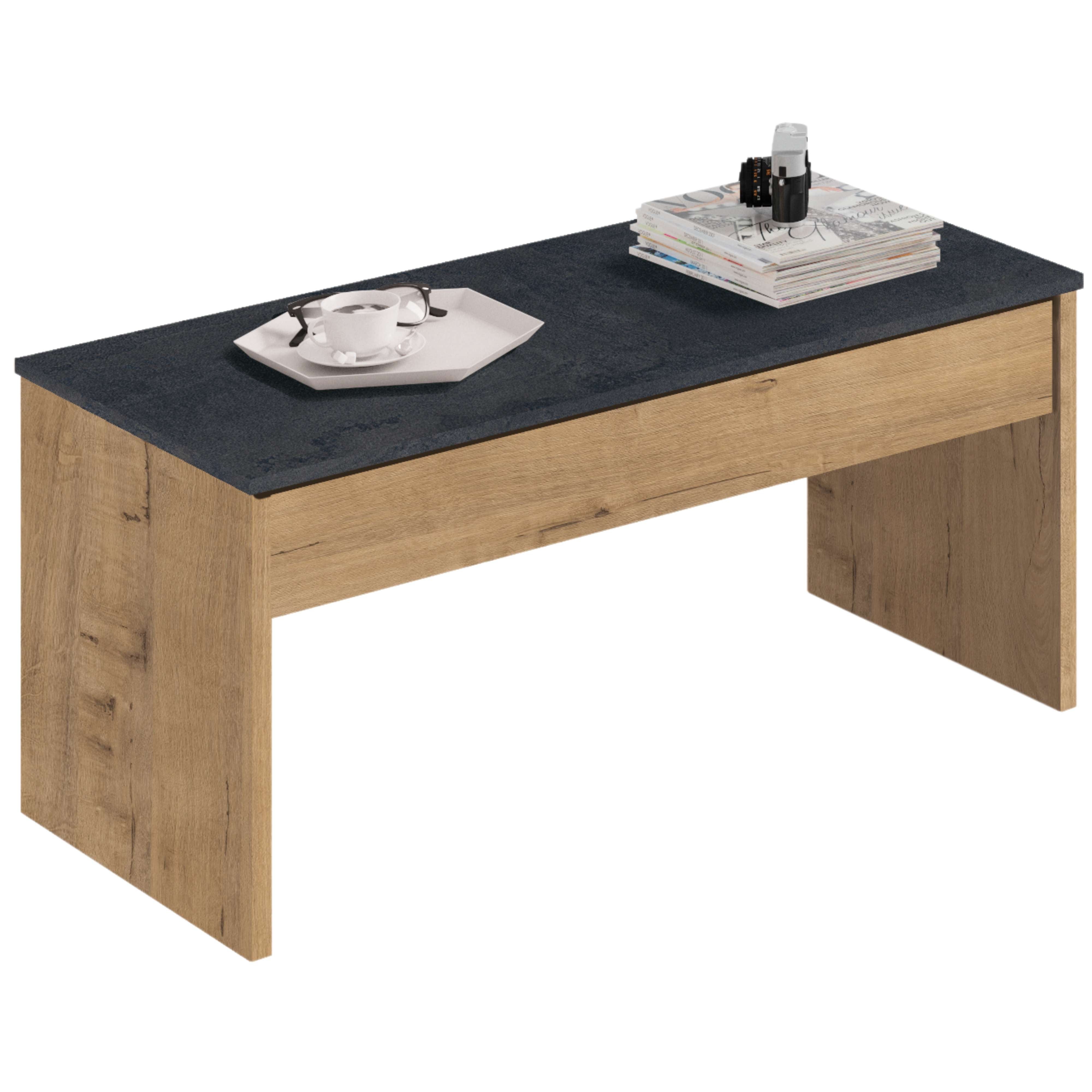 Table basse relevable en chêne et marbre pour salon, salle à manger, style moderne, rangement, 47-58 x 100 x 50 cm - 2