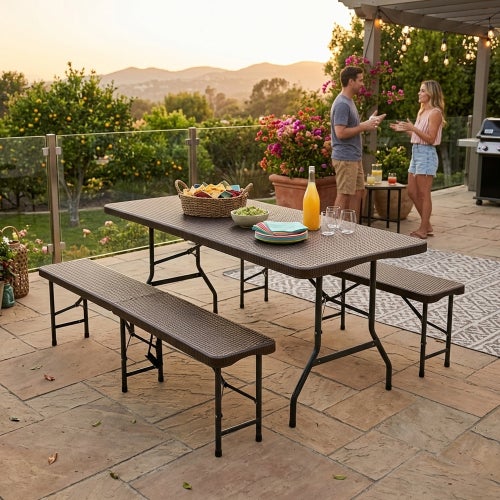 Ensemble De 3 Housses De Table Et Banc De Pique-nique – Polyester Imperméable – 183x76 Cm (table) + 183x30,5 Cm (banquette) – élastique – Motif Géométrique – Camping, BBQ, Fêtes