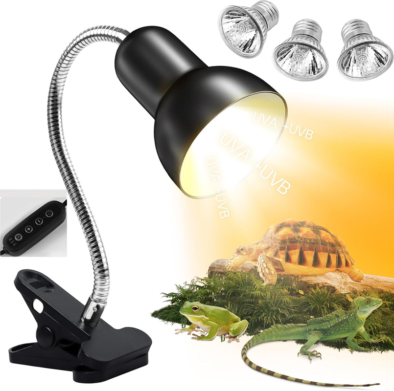 Lampa grzewcza dla gadów z zaciskiem, obrót o 360°, timer i ściemniacz, z 3 żarówkami UVA i UVB (25 W i 50 W)