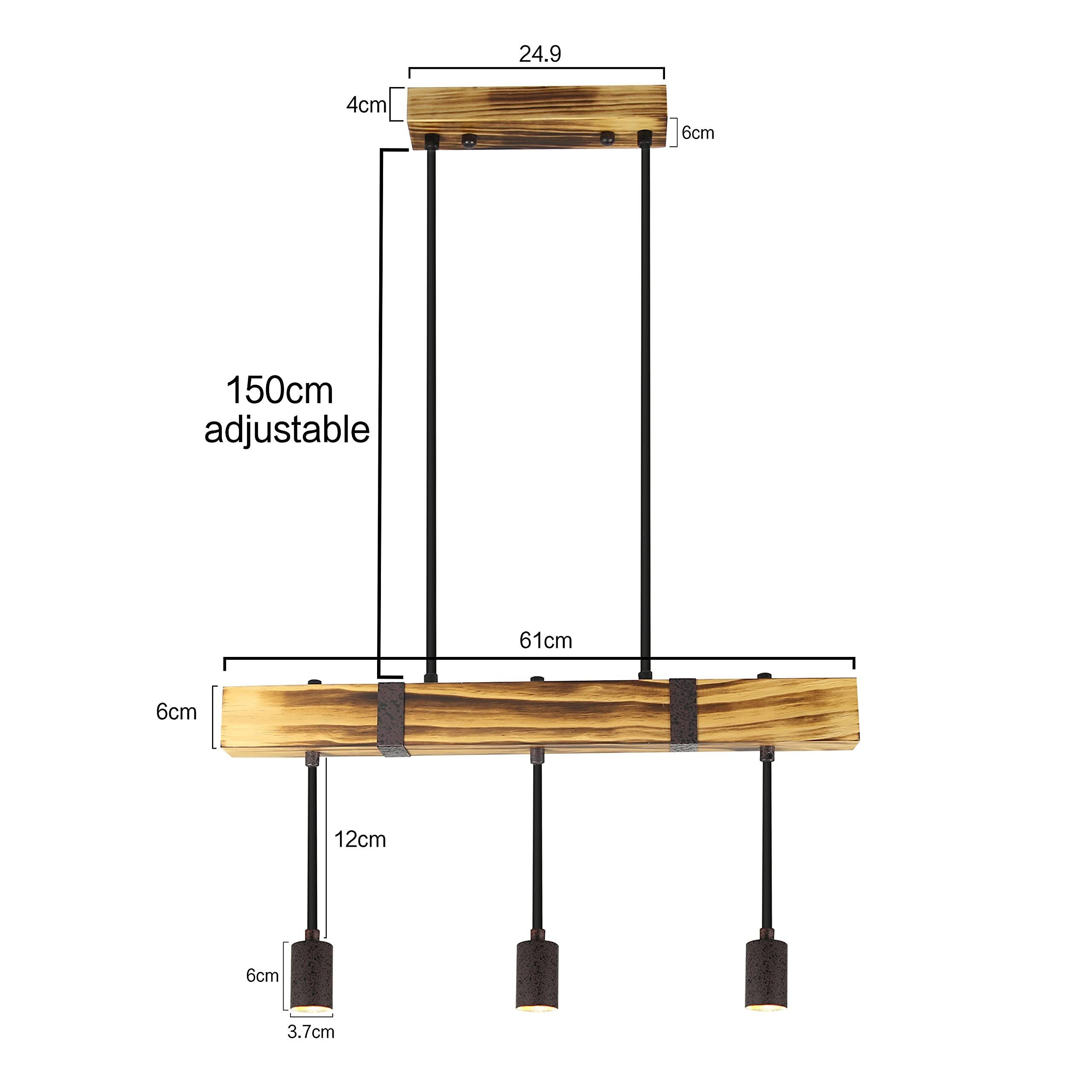 ZMH Suspension Vintage en bois avec poutre d'un diamètre de 61 cm 3 douilles E27 hauteur réglable puissance - 4