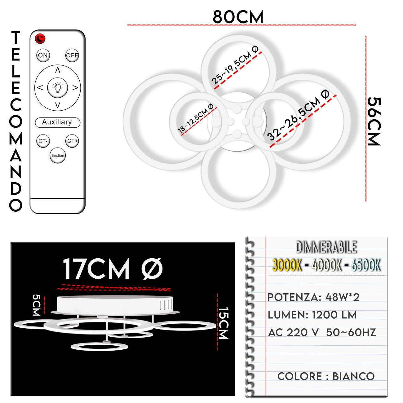 Lampadario Plafoniera LED dimmerabile cambio colore Maka 3000K 4000K 6500K 8640 LM 48Wx2 luminoso regolabile telecomando cucina soggiorno 6 Cerchi - 3