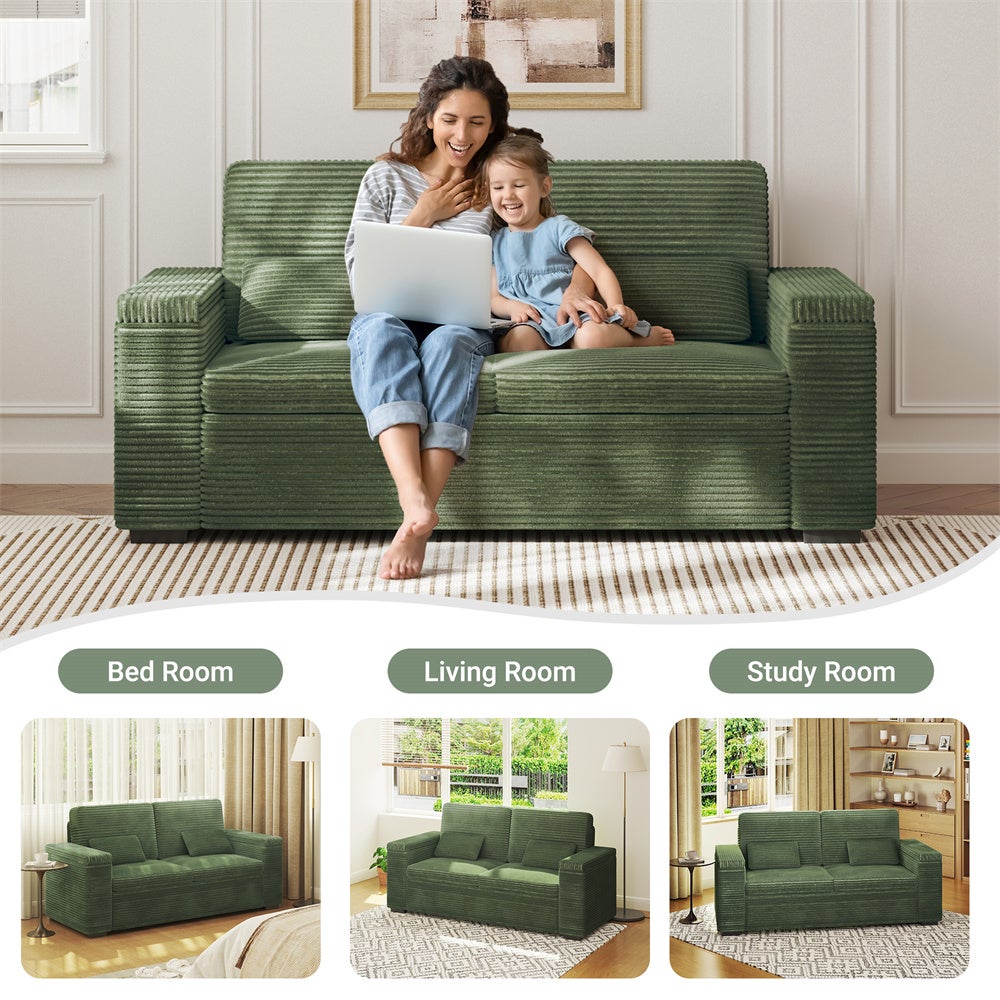DRIPEX Canapé 2 places en velours côtelé Vert avec accoudoirs espace de rangement,Canapé avec coussins et oreillers,182×74×84cm - 4