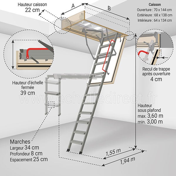 Escalier métal coupe feu 60min - 3.60m sous plafond - Trémie 70x144cm - LMF60/70144-360 - 2