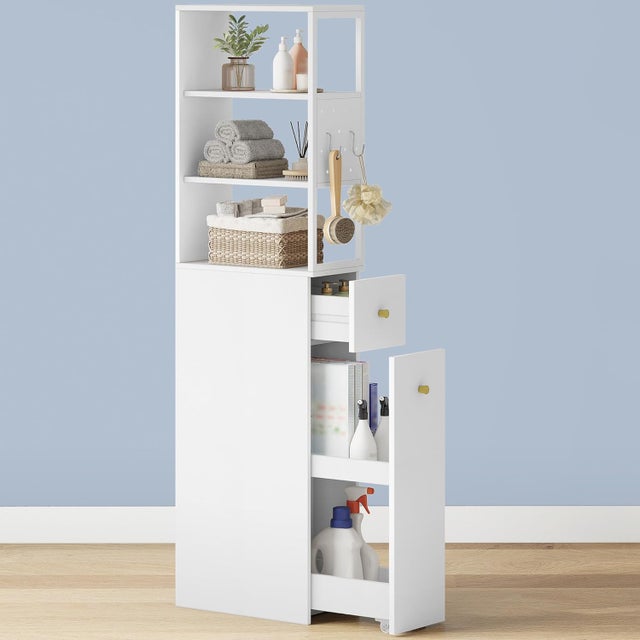 Meuble de Salle de Bain Haut, Armoire de Rangement Fin, avec 2 Compartiments Ouverts, Meuble de Cuisine, pour Petits Espaces, 40 x 20 x 140 cm Blanc