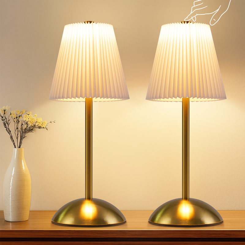 Nettlife Lampa Stołowa Bezprzewodowa Zestaw 2 - Lampka Nocna LED Dotykowa Ściemnialna, USB Akumulator, Klosz Tkanina, Nowoczesna Sypialnia