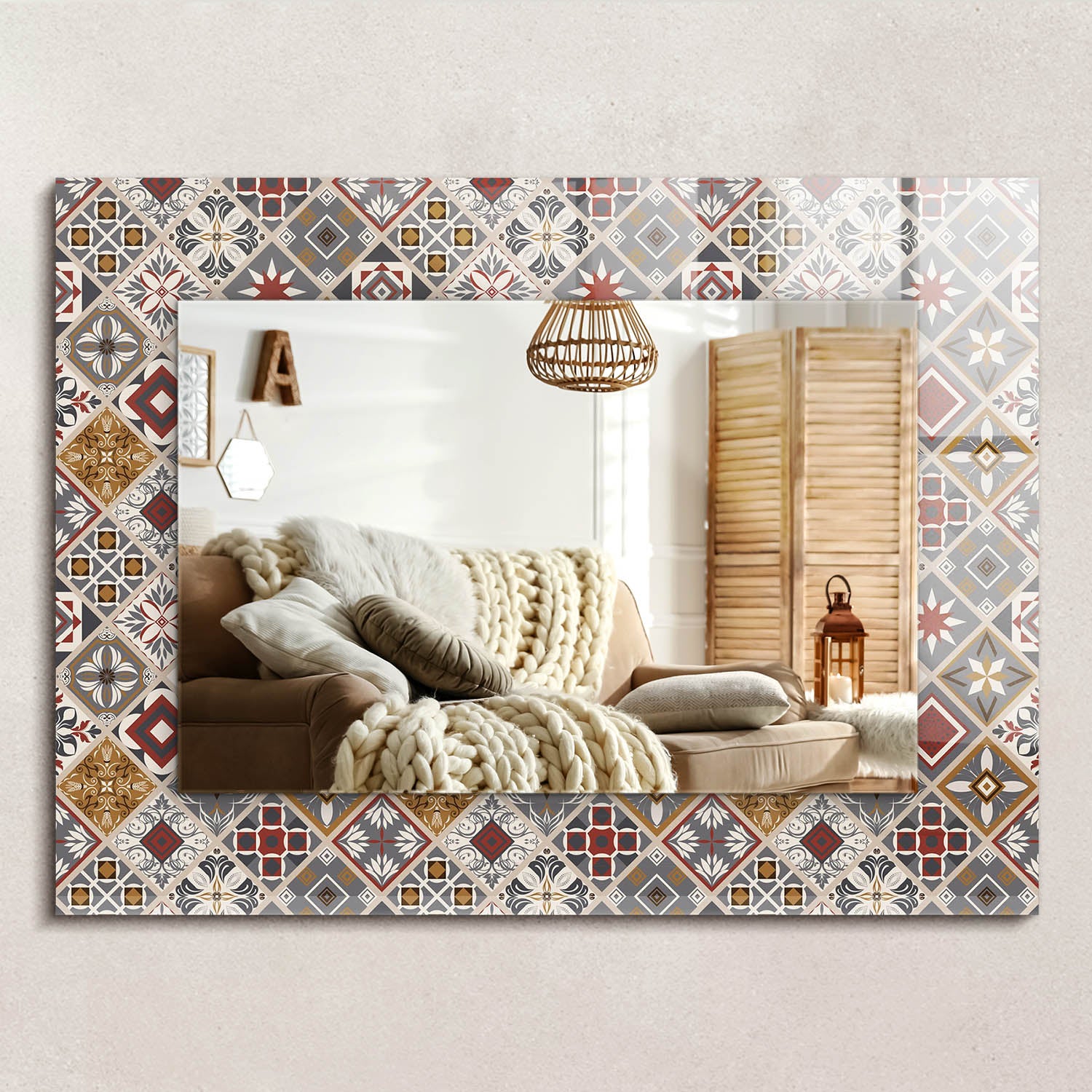 Specchio con texture in legno, specchio rettangolare con cornice, specchio da parete beige, cornice decorativa stampata, specchio da bagno - Italia