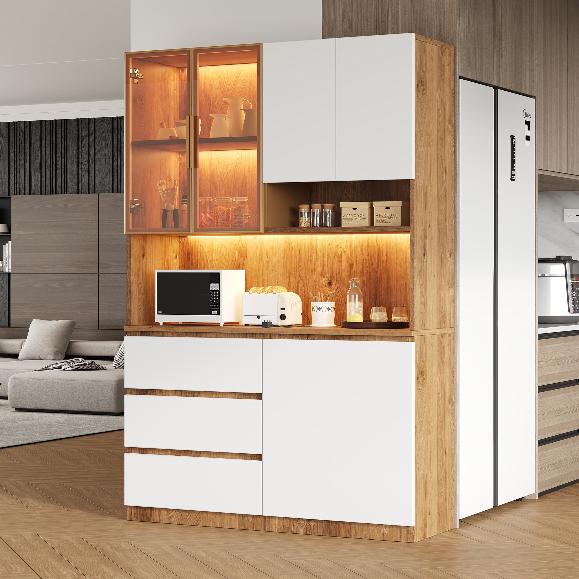 Meuble de cuisine 120,5 x 40 x 180 cm, armoire de rangement LED avec 3 tiroirs, 6 portes, étagères et niche micro-ondes, Blanc + bois naturel - 3