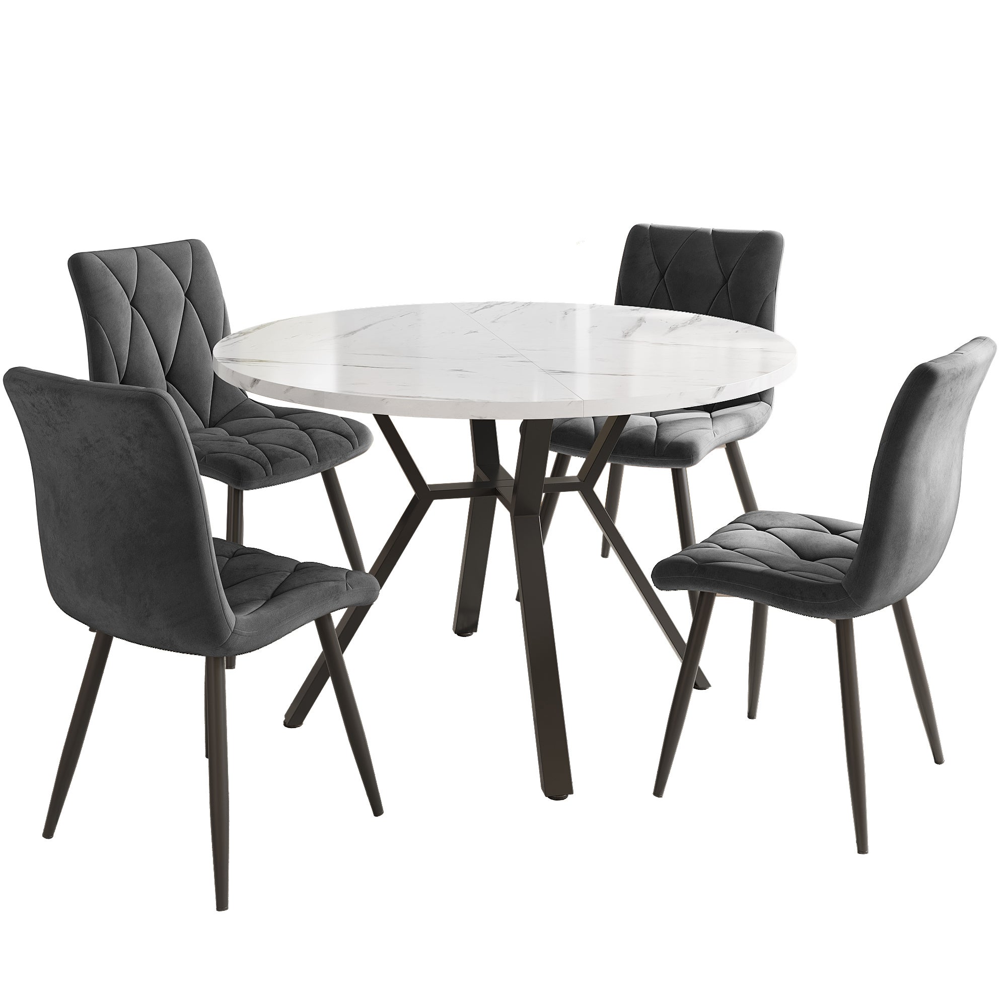 Set tavolo rotondo e 4 sedie in velluto per sala da pranzo - P 100 x H 75 cm - Gambe in MDF e metallo - Effetto marmo - Grigio + bianco - 3