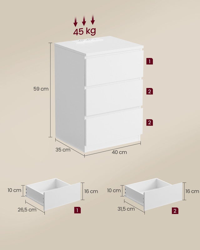 Table de Chevet avec Multiprise, Lot de 2, Table d’Appoint avec 3 Tiroirs, 2 Prises CA, 2 Ports USB, Blanc Nuage - 5