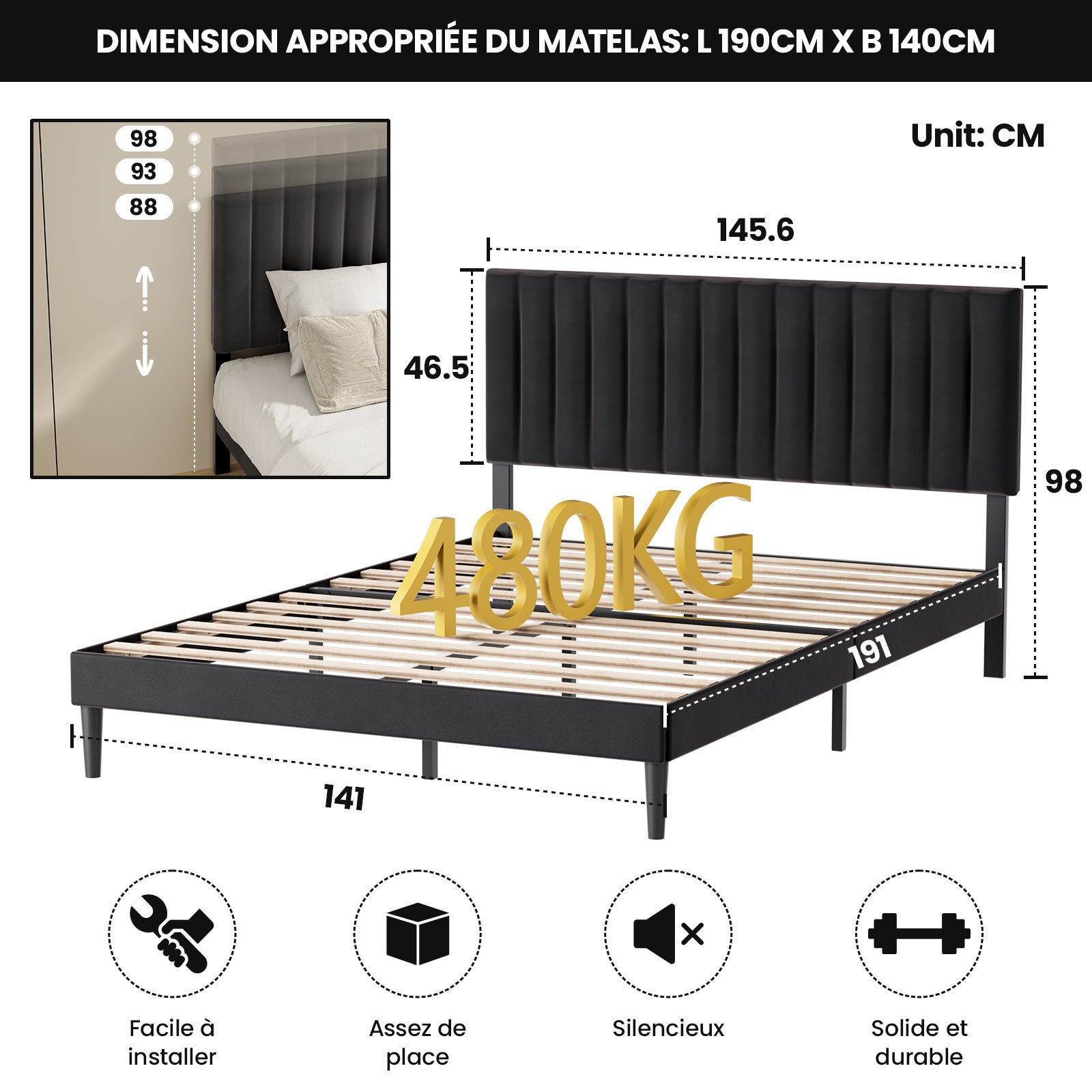 Estrutura De Cama 140x190 Cm, Cama De Casal Estofada Preta, Espaço De Arrumação Debaixo Da Cama, Design Silencioso, Fácil De Montar - 2