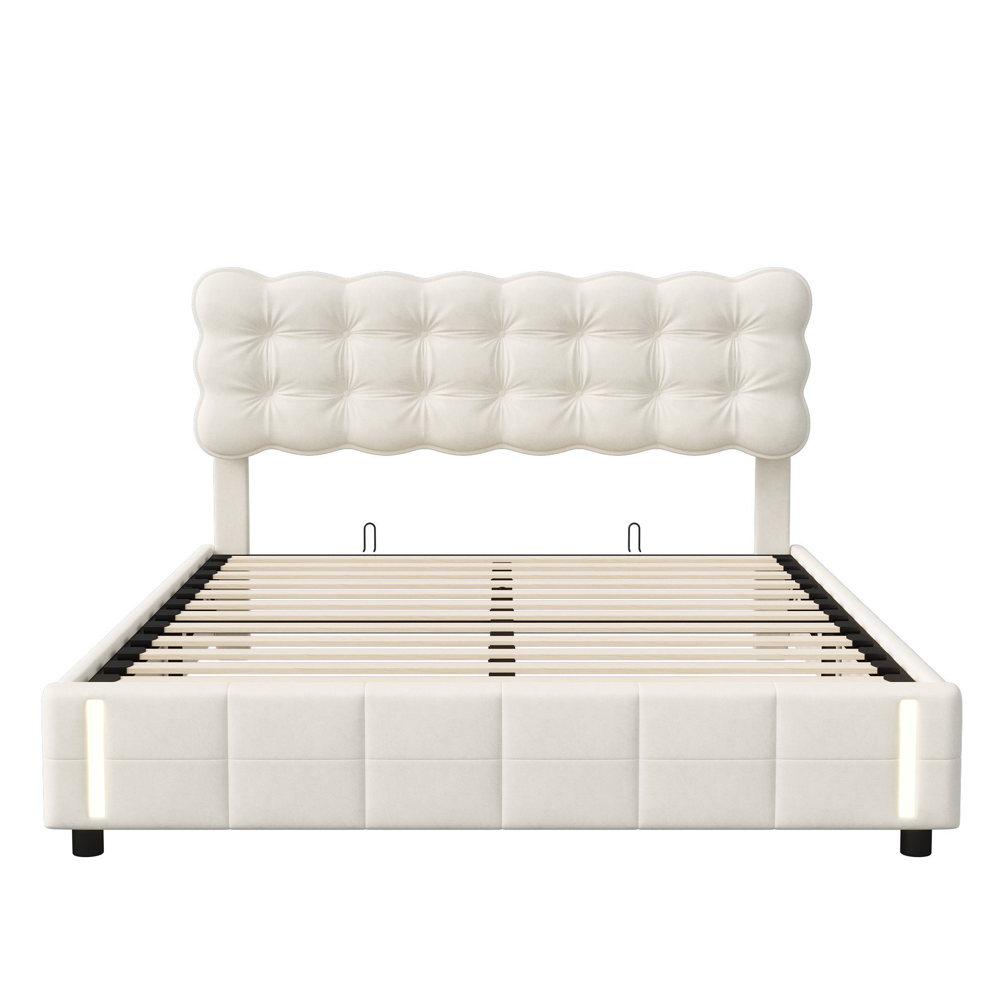 Lit coffre 140x190 avec sommier, velours, rangement, lit double adulte, lumière chaude à capteur, lit capitonné style scandinave - Beige - 8