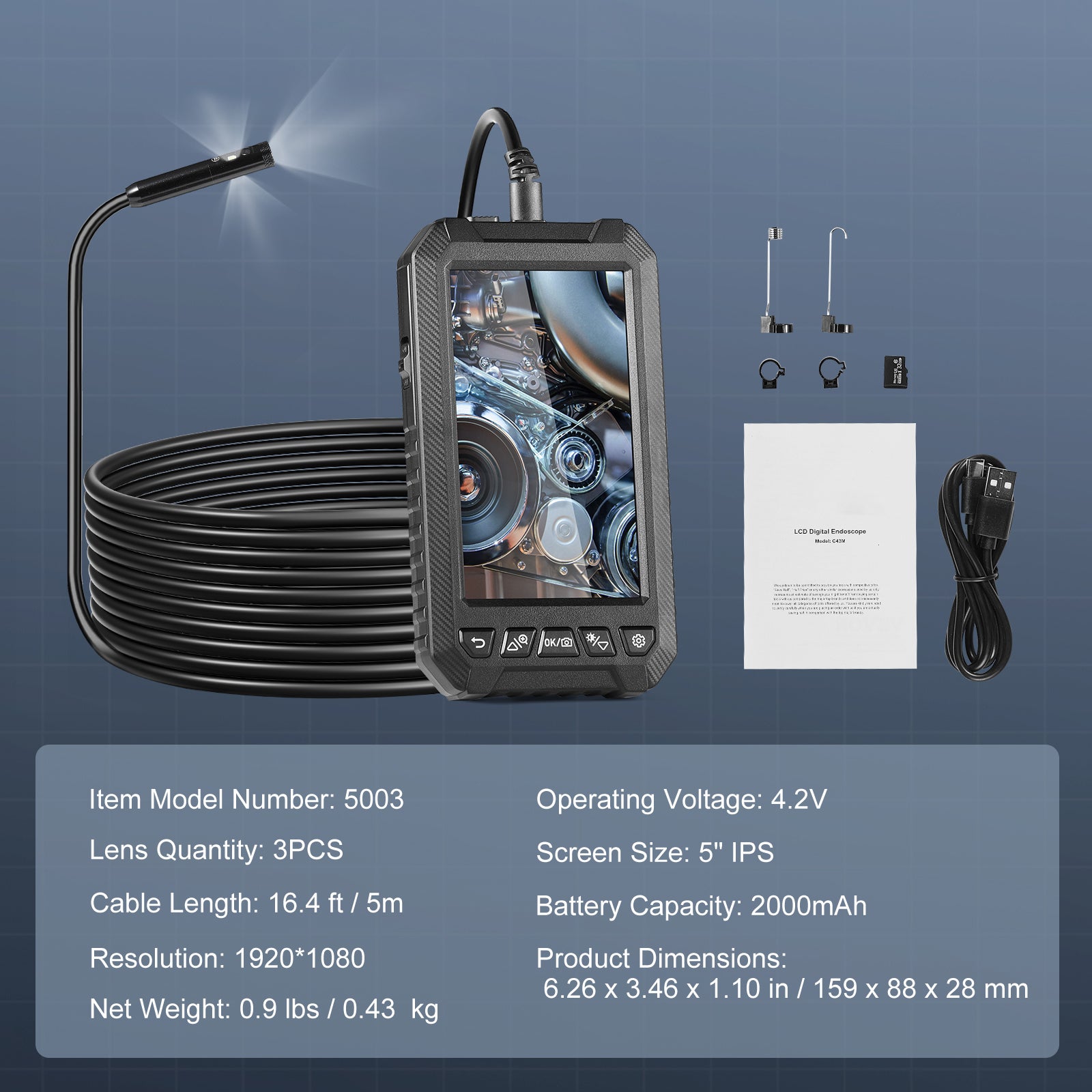 Telecamera per endoscopio : tripla lente SucceBuy,cavo da 16,4 piedi,schermo da 5 pollici,1080P,impermeabile,scheda da 32 GB - 9