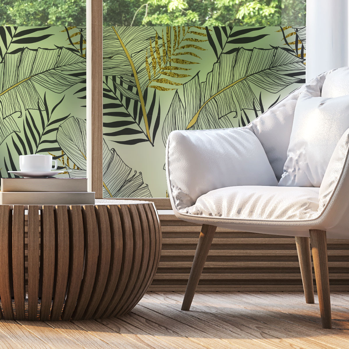 Vinilo opaco y privacidad para ventana 1 metro x 40 cm hojas de palma con clase - adhesivo pared - sticker revestimiento