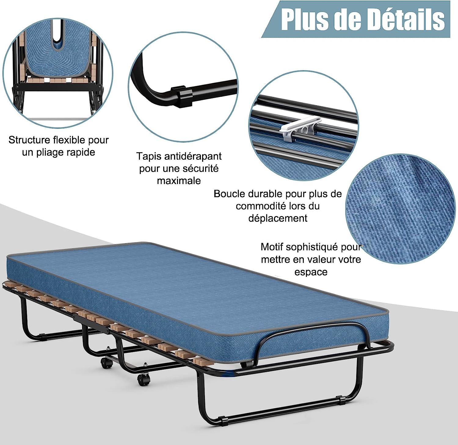 Lit d'appoint pliant + matelas (90 X 190 CM - Avec Housse de protection