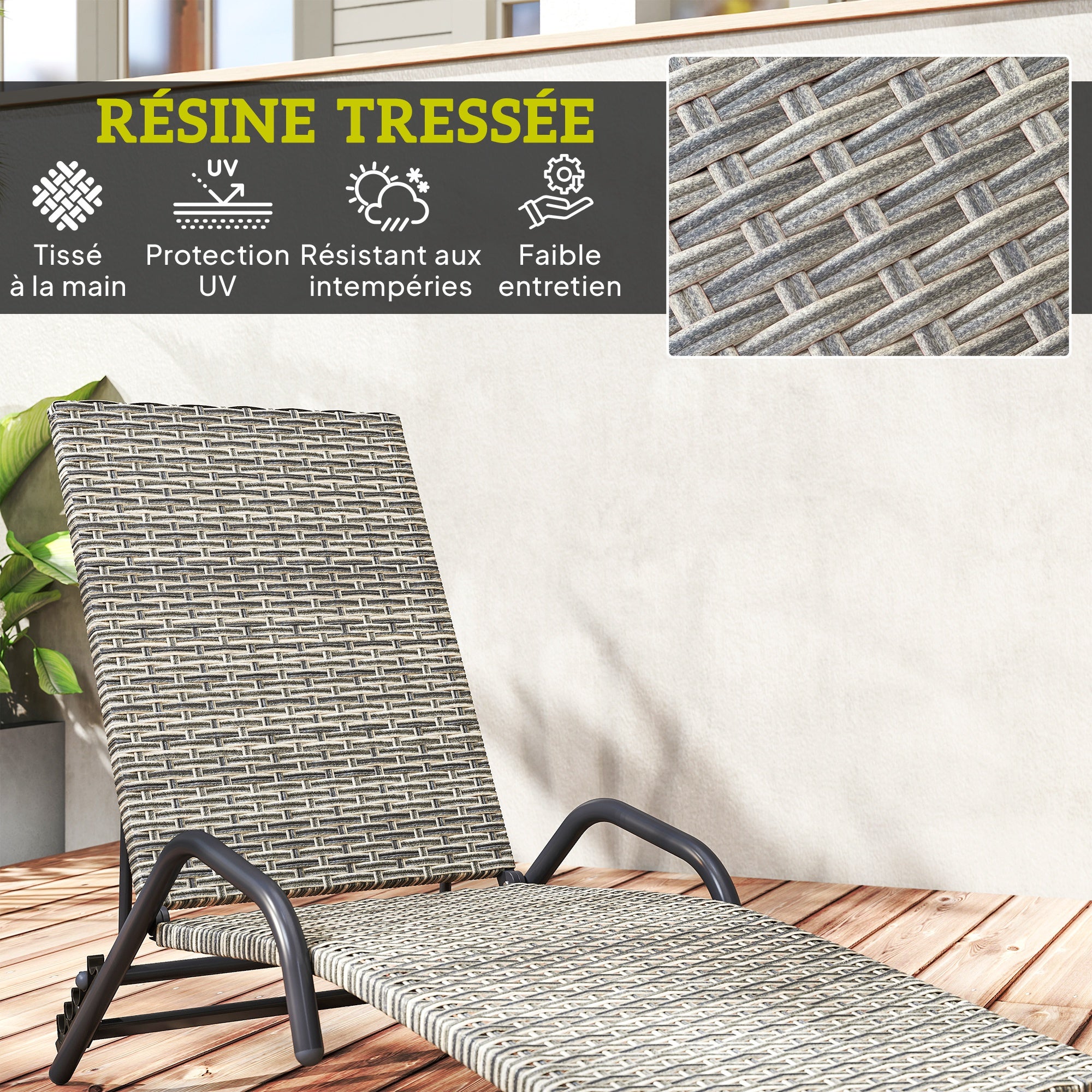 Bain de soleil inclinable et réglable sur 4 positions,en résine tressée en forme de S,156x62x96cm,marron - 8