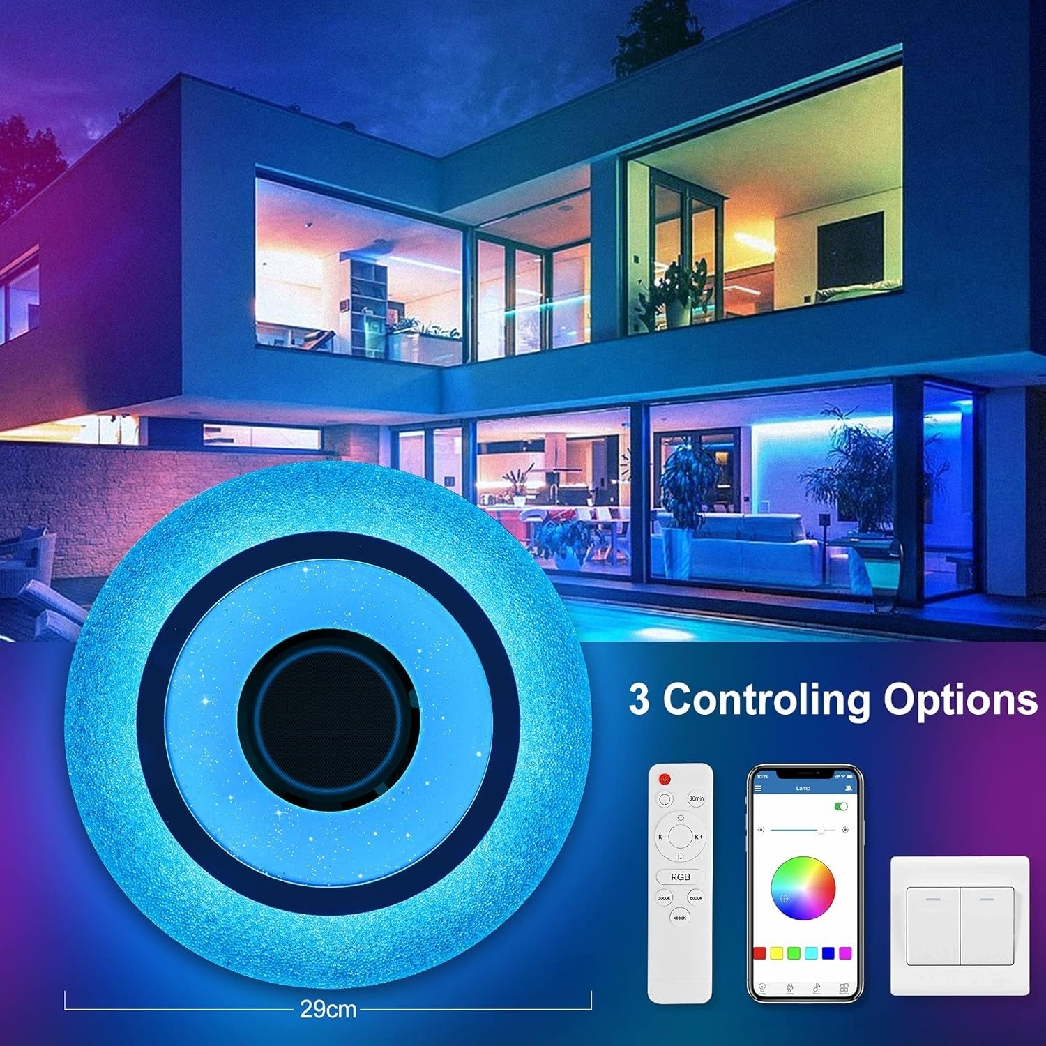 Plafoniera a LED con luce dimmerabile e altoparlante Bluetooth, plafoniera con cambio colore 24WRGB con telecomando e controllo APP - 2