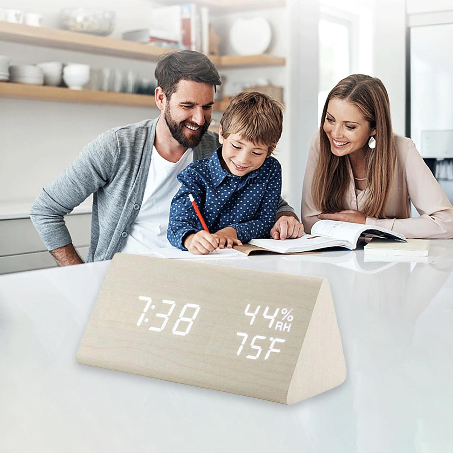 Réveil électronique LED en bois avec affichage de l'humidité, idéal comme cadeau de chevet ou de bureau - Blanc - 5