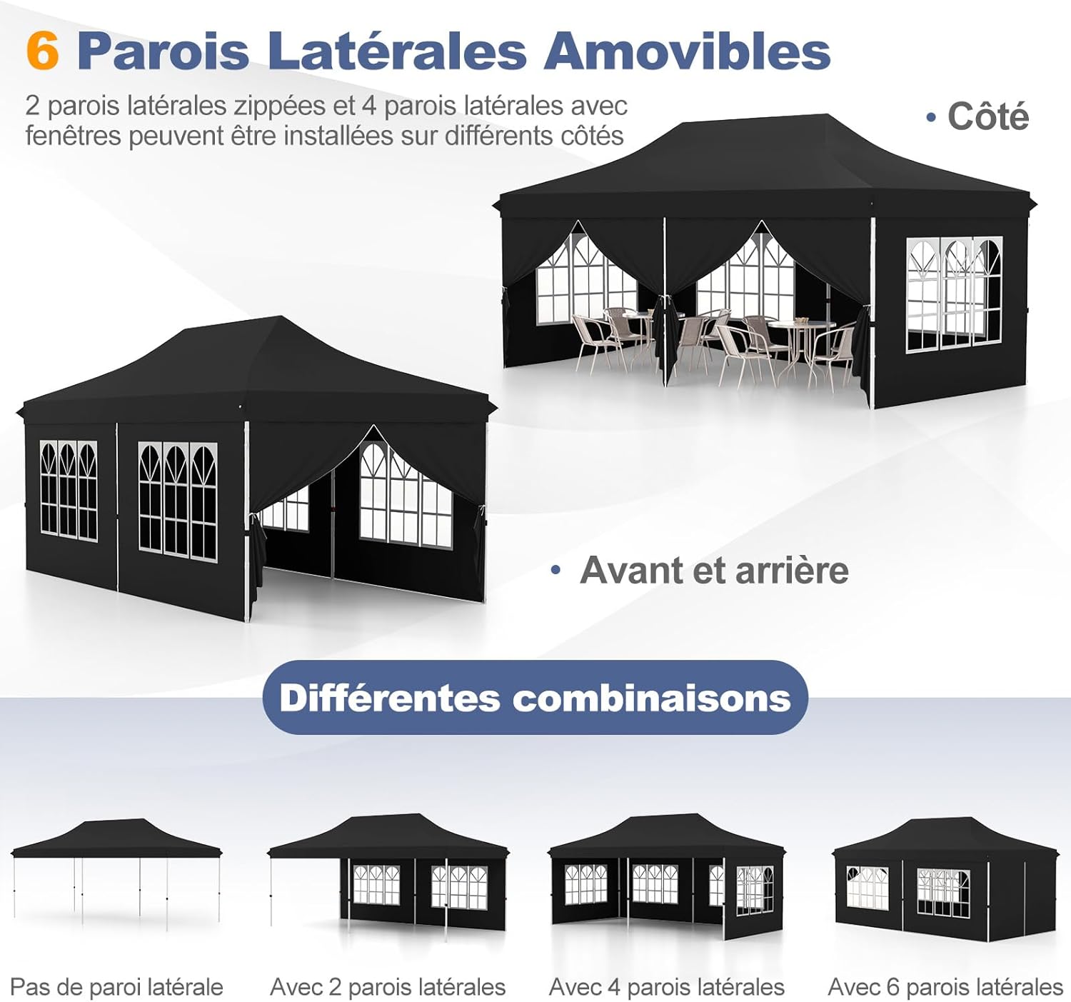 Tonnelle de Jardin 3x6M Tente de Reception avec 6 Parois Latérales Amovibles, Sac de Transport Protection Solaire pour Fête Mariage BBQ, Noir - 5