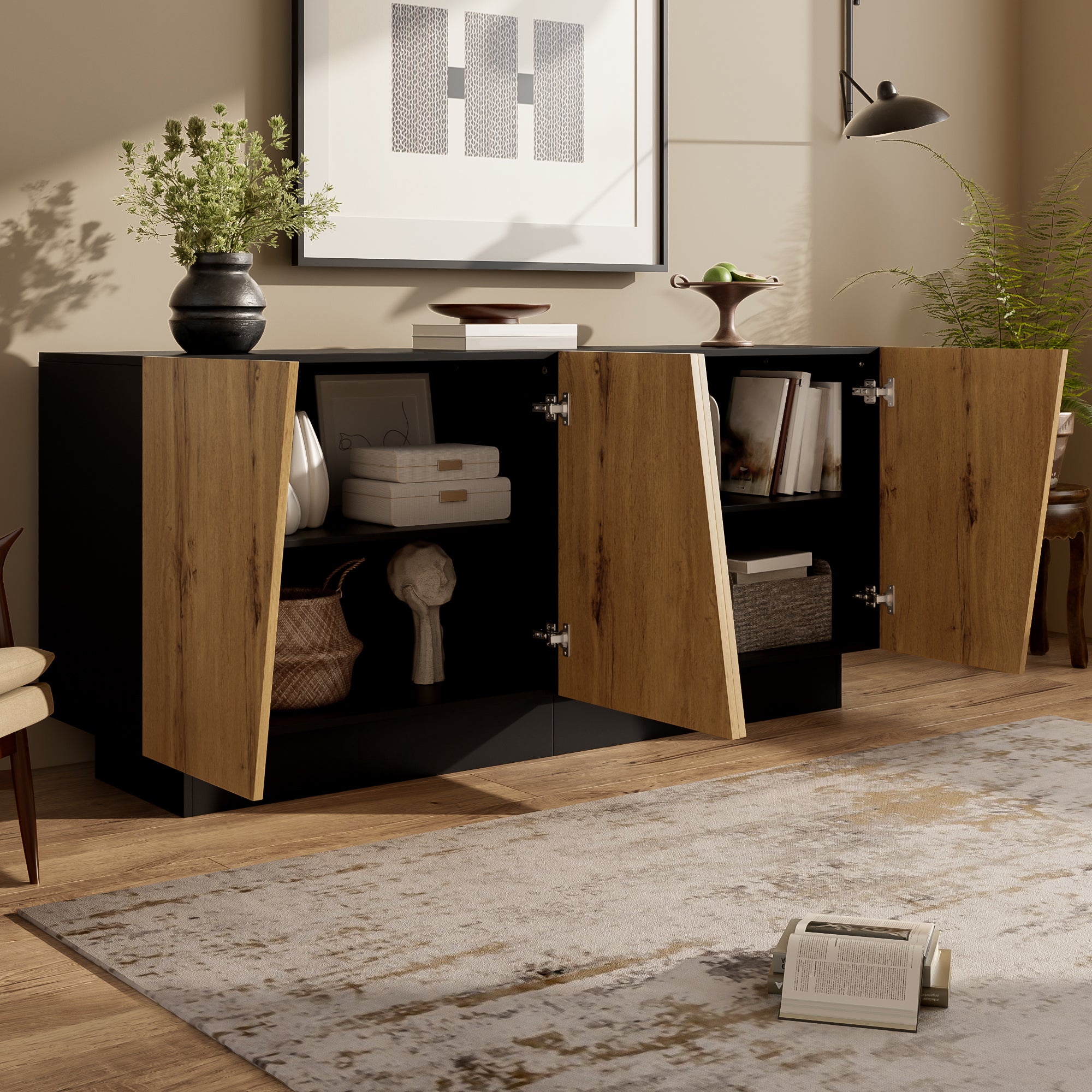 Nowoczesna komoda z 4 drzwiami - 160 x 40 x 72 cm - Płyta wiórowa - Drewno i czerń - 4