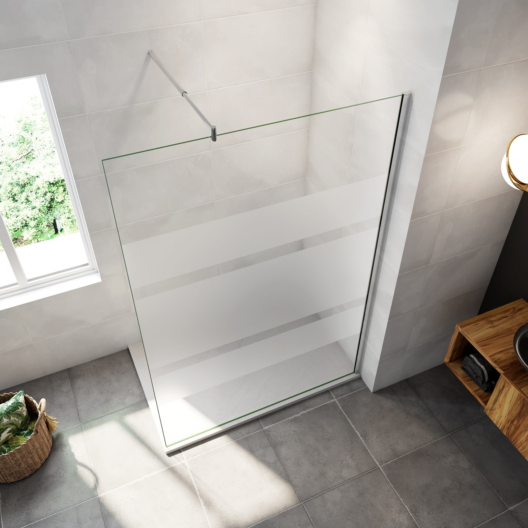 Paroi de douche à l'italienne 110x190cm en 6mm verre avec bandes horizontales sérigraphiées, livré avec barre de fixation 70-120cm en cylindrique - 2