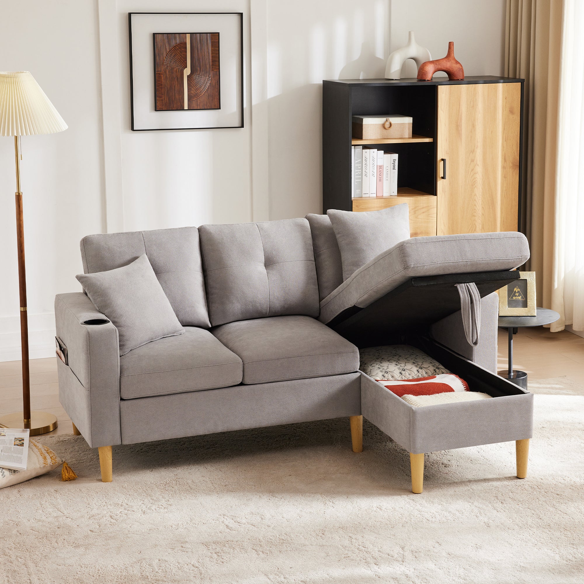 Canapé D'angle 3 Places Avec Méridienne Et Rangement - Tissu Coton/lin Beige - 175x129x90 Cm - Livré Avec 2 Coussins