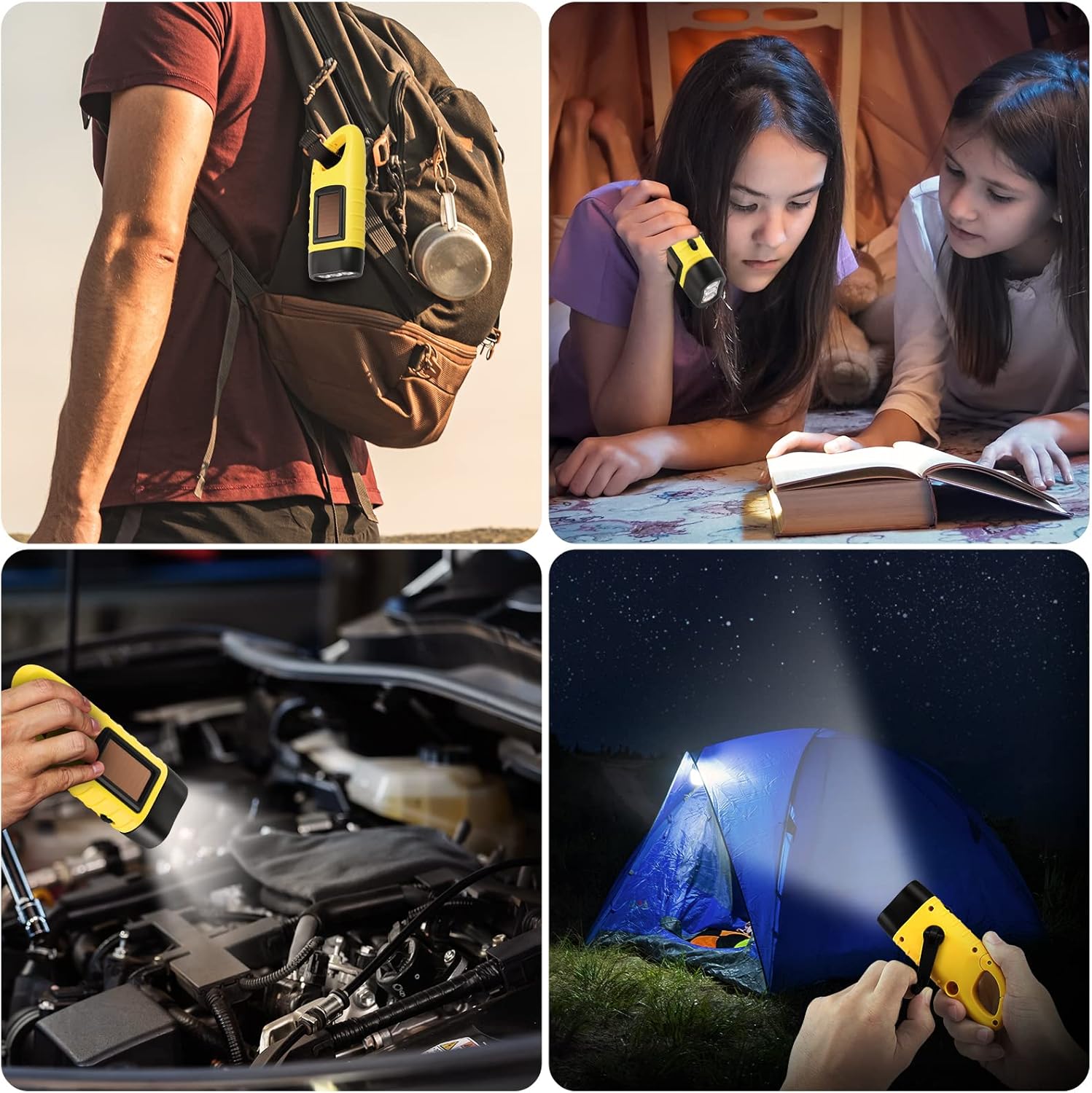 Lot de 2 lampes de poche solaires-jaune, lampe de poche rechargeable à manivelle, lumière de secours pour activités de plein air - 6