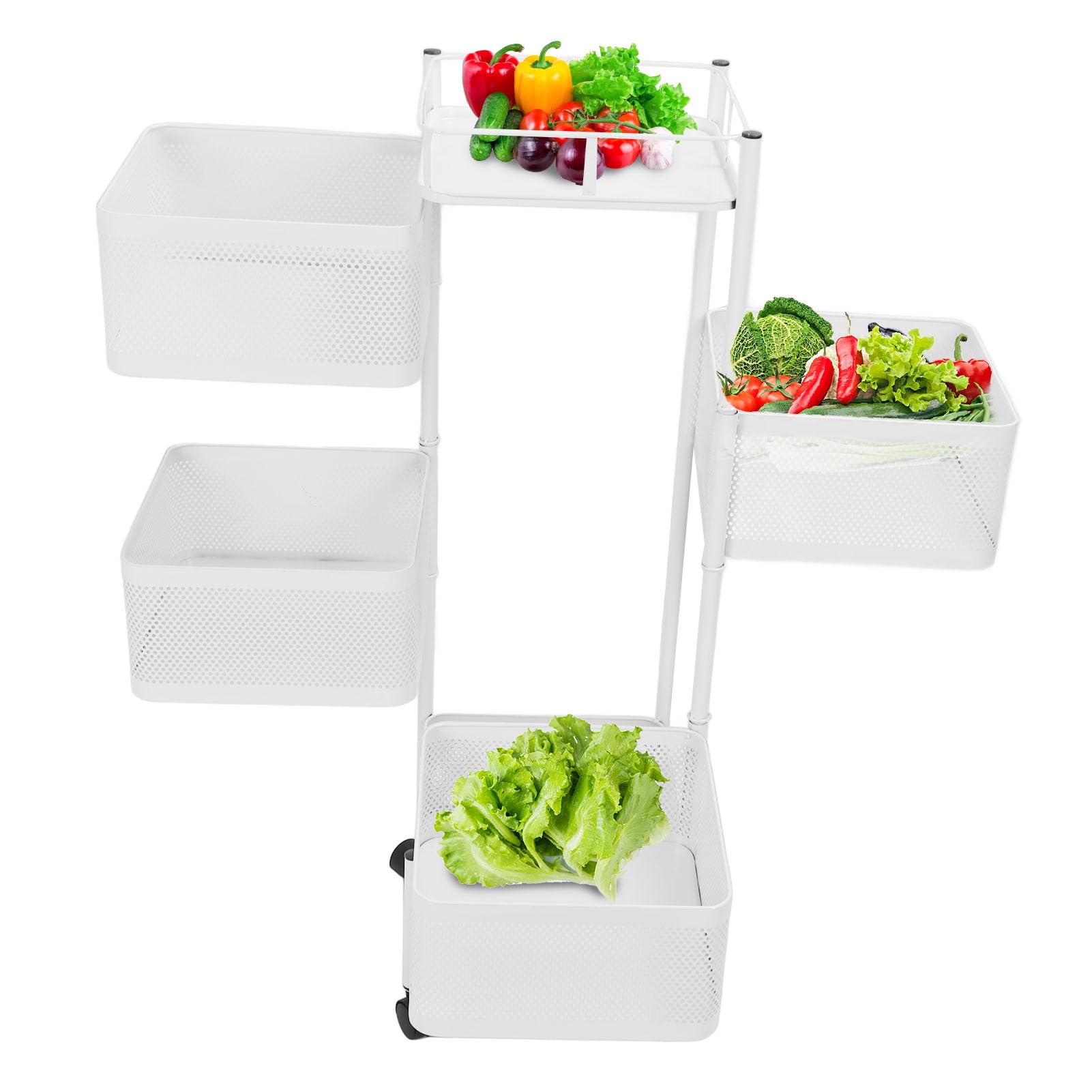 Étagère à Légumes 5 Étages Avec Roulettes - Rangement Cuisine Métallique Amovible - 41x29x112 Cm - Charge 10 Kg Par Niveau