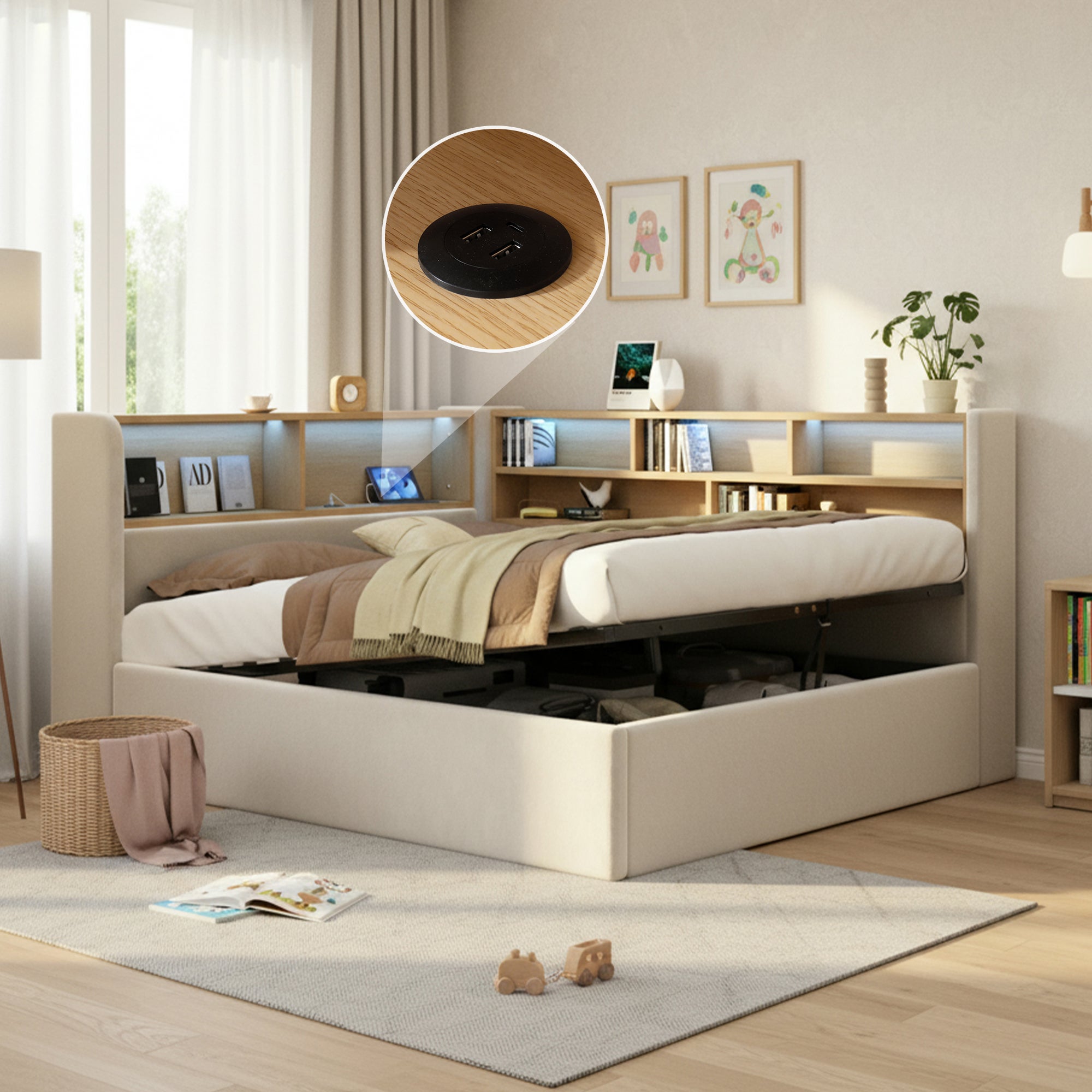Łóżko z pojemnikiem 140 x 190 cm, zagłówkiem i schowkami, sofa rozkładana - Aksamit - Diody LED, porty USB - Beż
