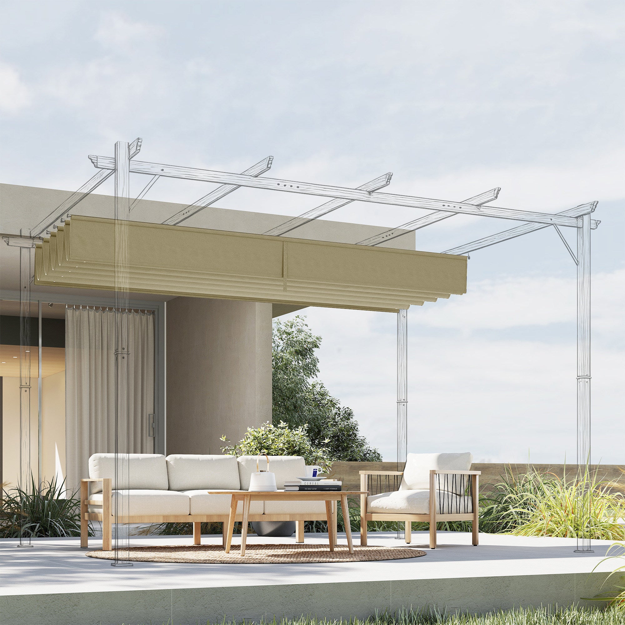 Techo de Pérgola Outsunny Poliéster Beige 350x260x6 cm - 4