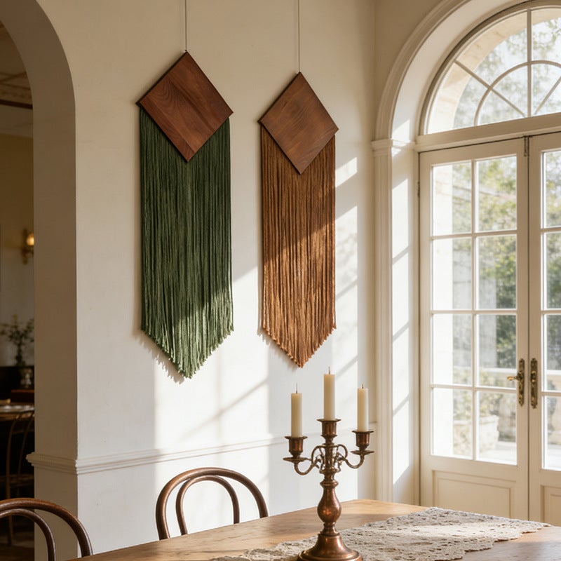 2pcs Tapisserie murale décorative, tapisserie à pompons en forme de losange, style bohème, tapisserie de décoration murale Marron + Vert - 8