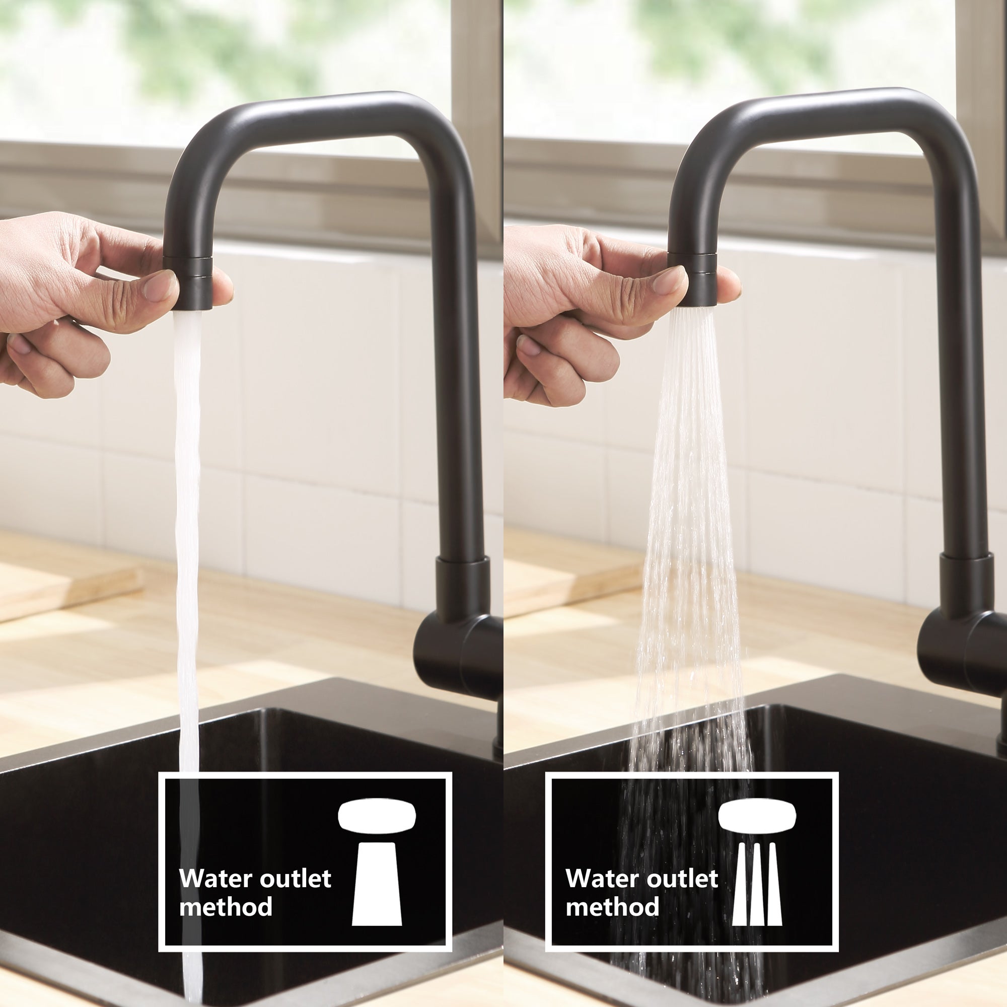 Lonheo max Robinet de Cuisine Rabattable 2 Jets aux Choix, Mitigeur Evier Repliable en Inox Noir devant Fenêtre, Mitigeur d'évier Pliable - 2