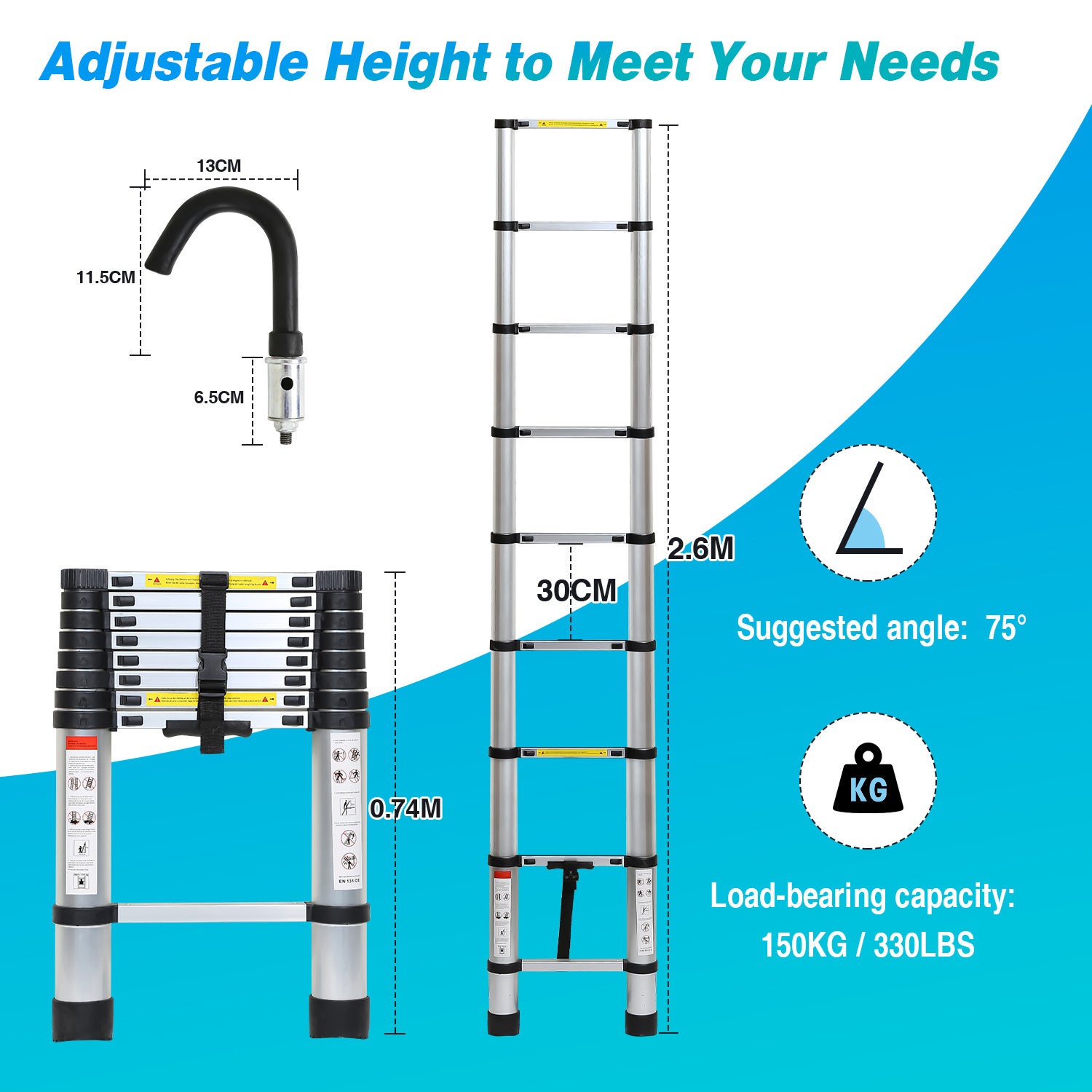 Échelle télescopique escabeau 2,6m argentée avec crochets amovibles, multifonction, 150kg - 2