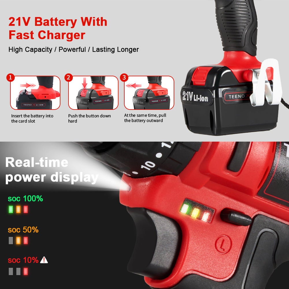 TEENO Perceuse visseuse a percussion sans fil PSR 21V, 2 Vitesses, 2 batteries lithium avec 20 accessoires - 3