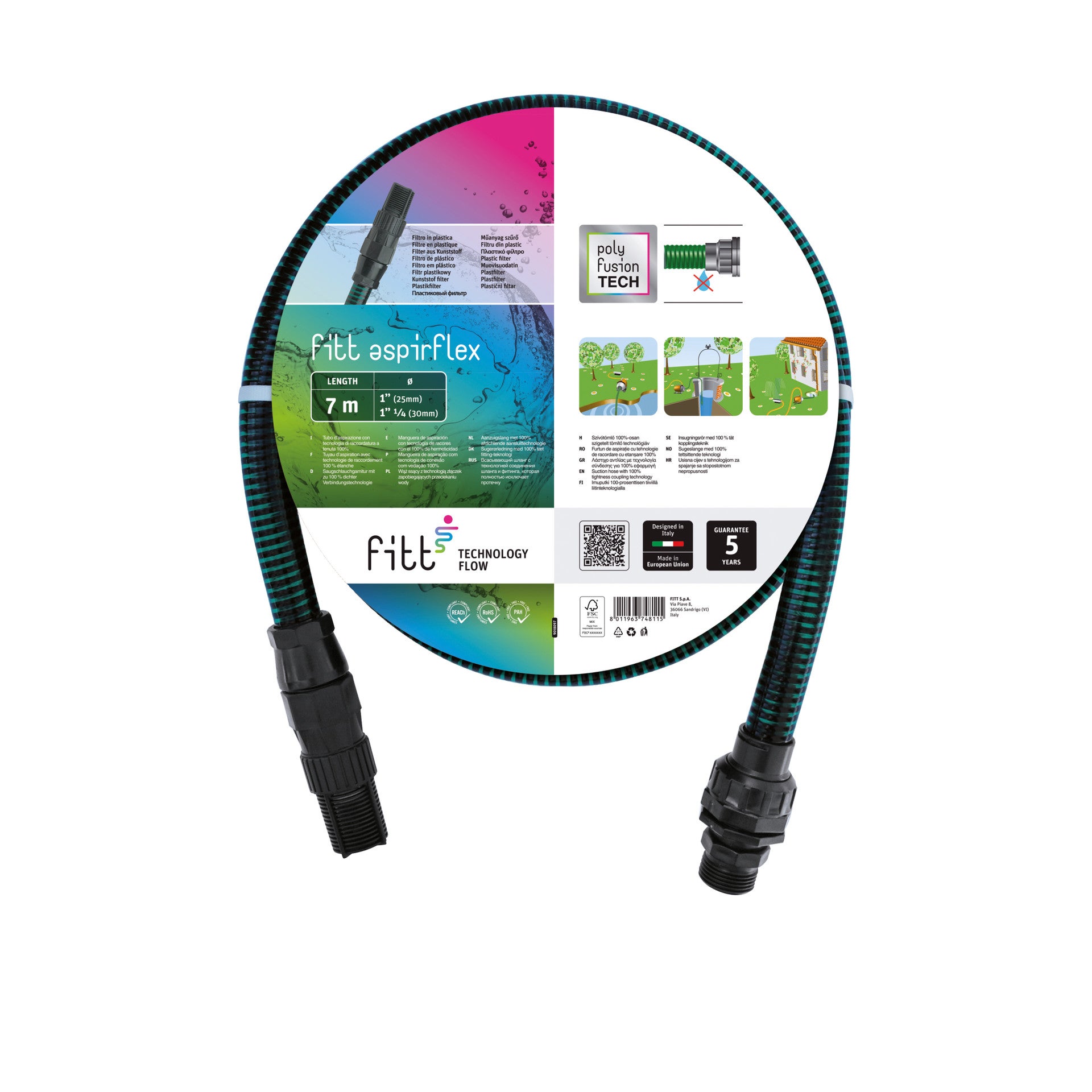 FITT ASPIRFLEX PLUS 4 m - Waterzuigslang, voor aansluiting op pompen, met unieke technologie en messing filter, grijs