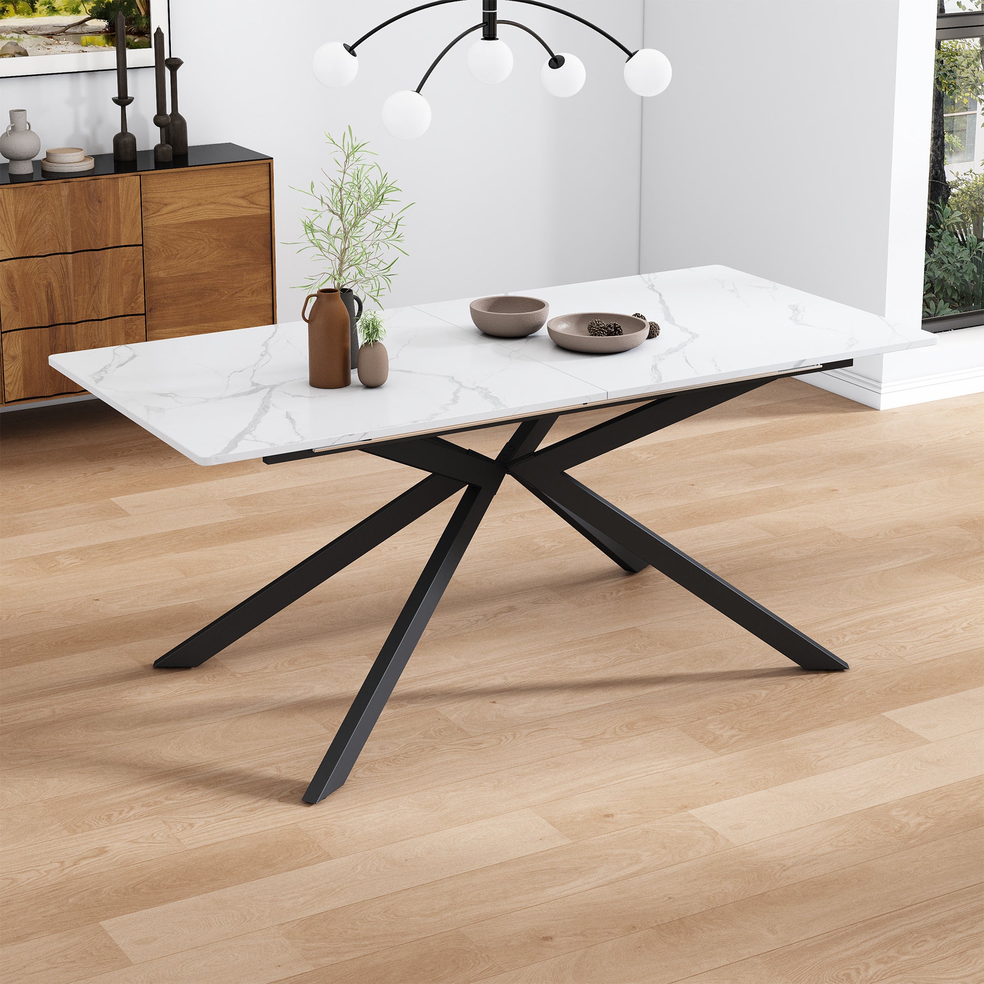 Rozkładany stół jadalny dla 4-6 osób - Dł. 150/180 x Szer. 70 x Wys. 76 cm - Nogi z płyty MDF i metalu - Blat imitujący marmur - Biały - 3
