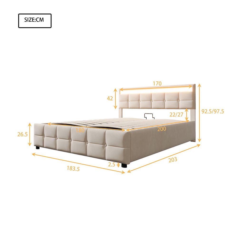 Lit rembourré 180*200 cm, éclairage LED, sommier à lattes, tissu velours, beige - 3