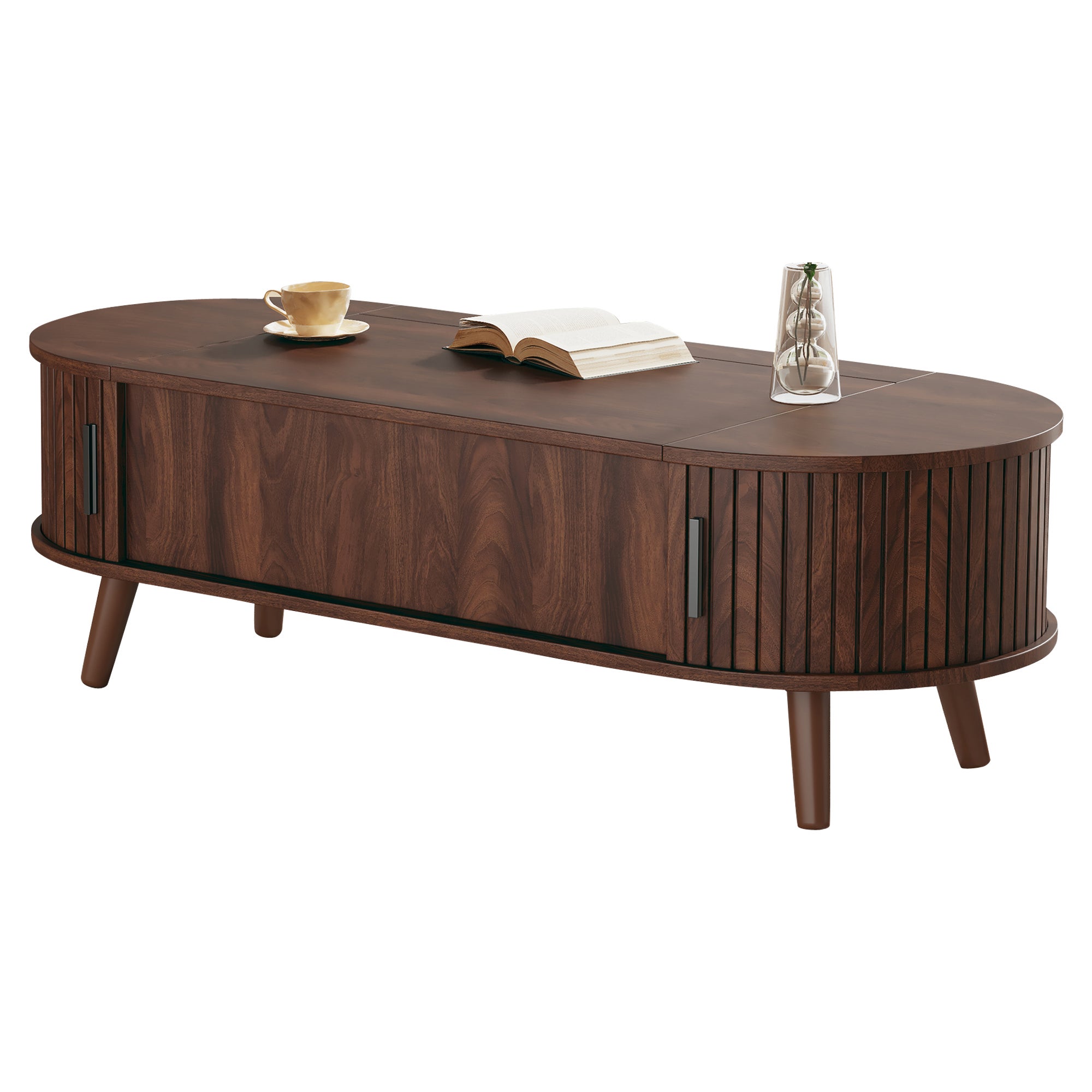 Stolik kawowy z podnoszonym blatem i 4 otwartymi półkami - 120 x 50 x 39,5 cm - MDF - do salonu - orzech - 9