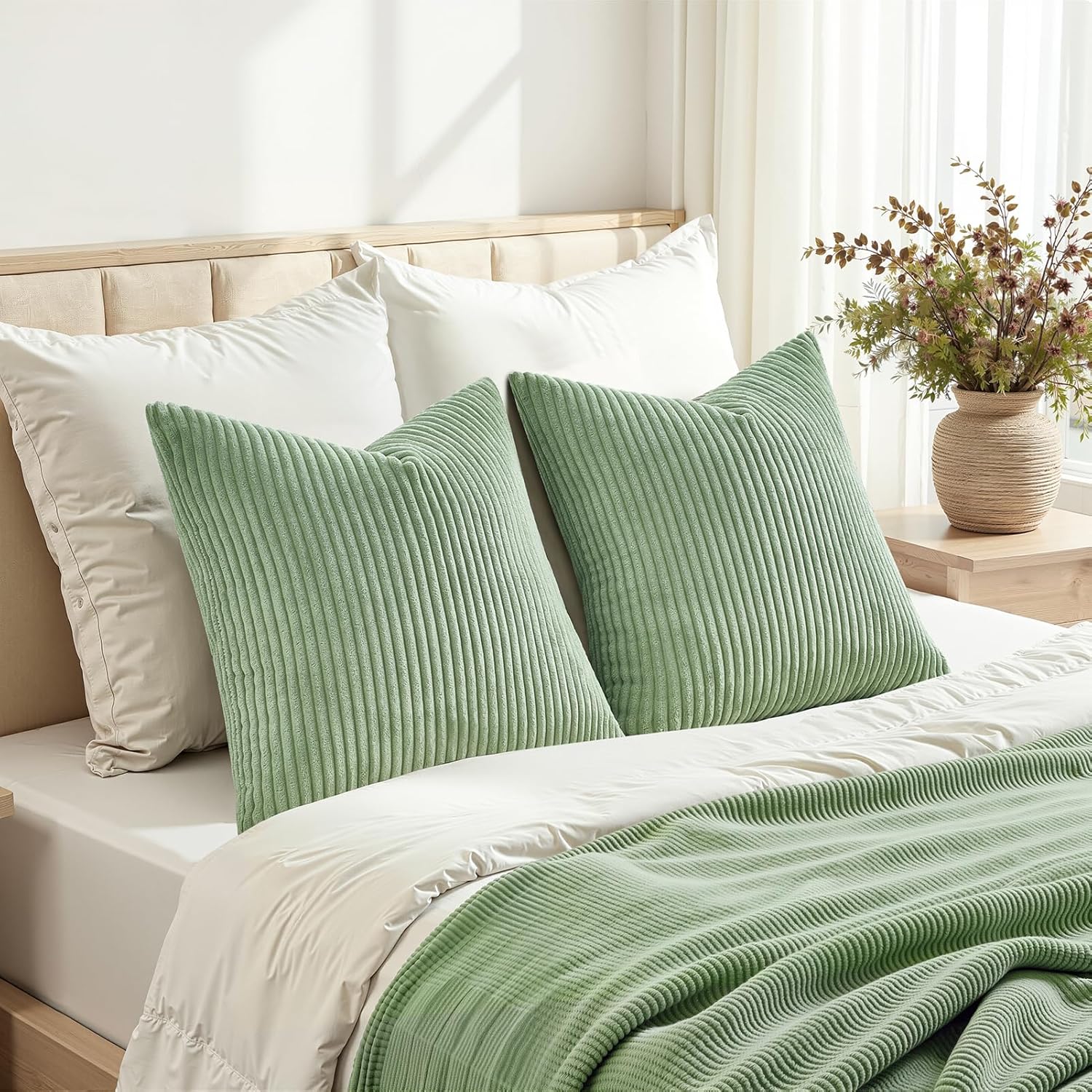 Set di due federe in velluto a coste, adatte per decorare divani, soggiorni, camere da letto e letti. Verde chiaro, 45 x 45 cm. - 4