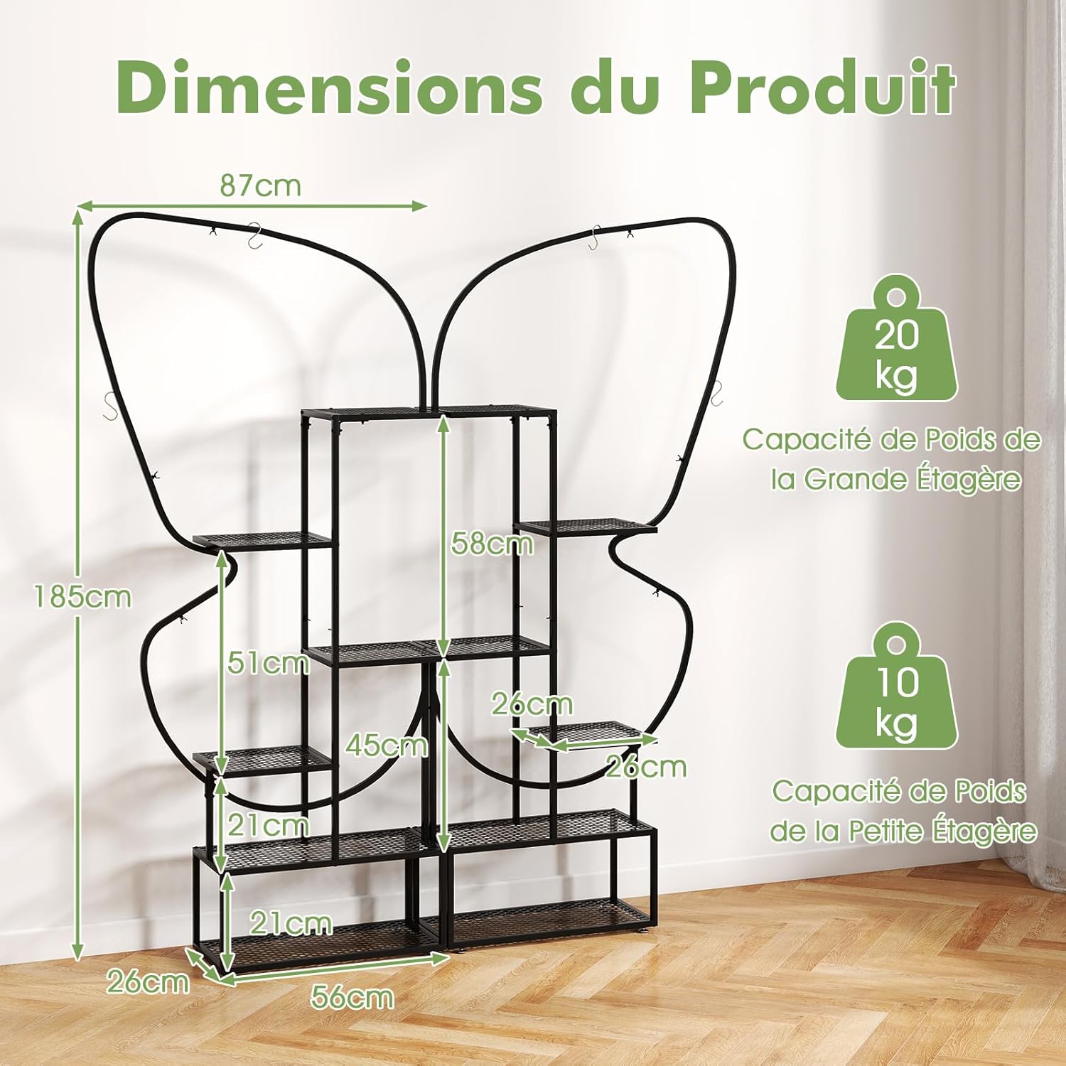 Support pour Plantes en Métal à 6 Niveaux, Étagère à Fleurs avec 12 Tablettes Métalliques 4 Crochets Forme Papillon, 56 x 26 x 185 cm, Noir - 3
