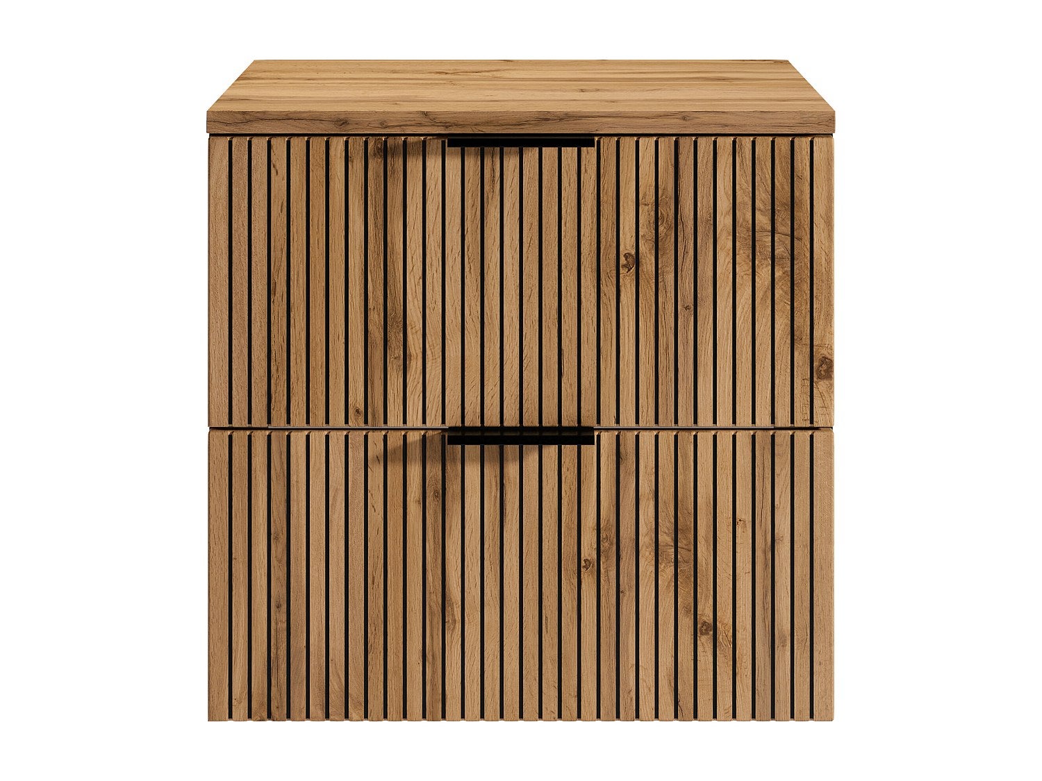 Wisząca szafka pod umywalkę z prążkowanym frontem i półką – jasny naturalny i czarny – 60 cm – MADELA