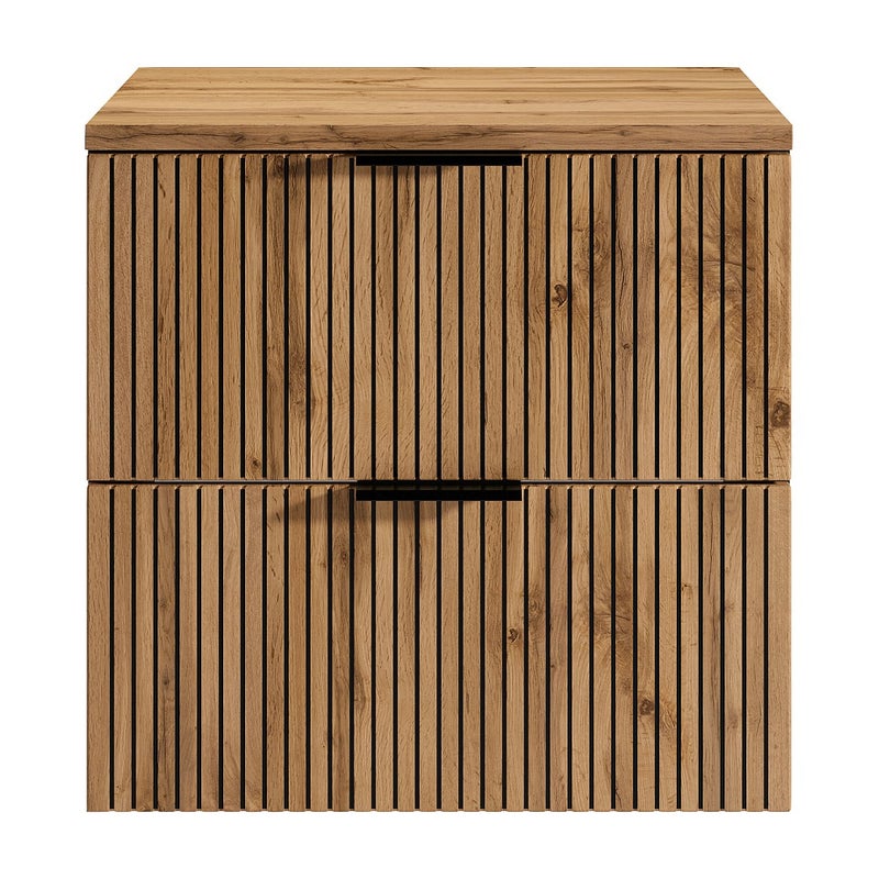 Wisząca szafka pod umywalkę z prążkowanym frontem i półką – jasny naturalny i czarny – 60 cm – MADELA