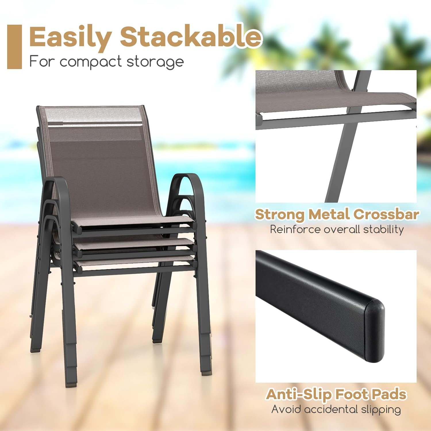 Lot de 4 Chaises de Jardin Extérieur Métal et Textilène, Fauteuil de Jardin Empilable avec Accoudoirs et Dossier, 56x70x84cm, Charge 150kg, Gris - 8