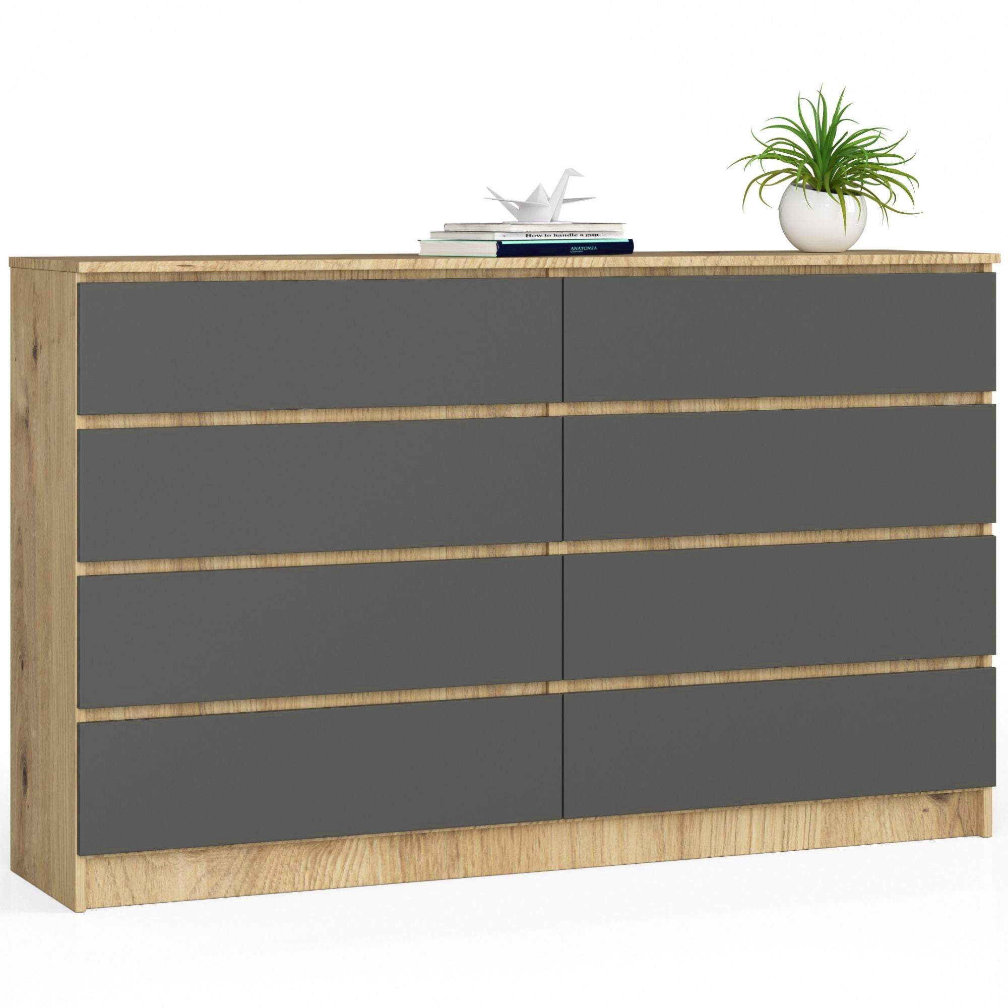 Komoda AKORD K160 Dąb Artisan 160 cm 8 szuflad kolor Grafit Szary mat 160x40x99 cm