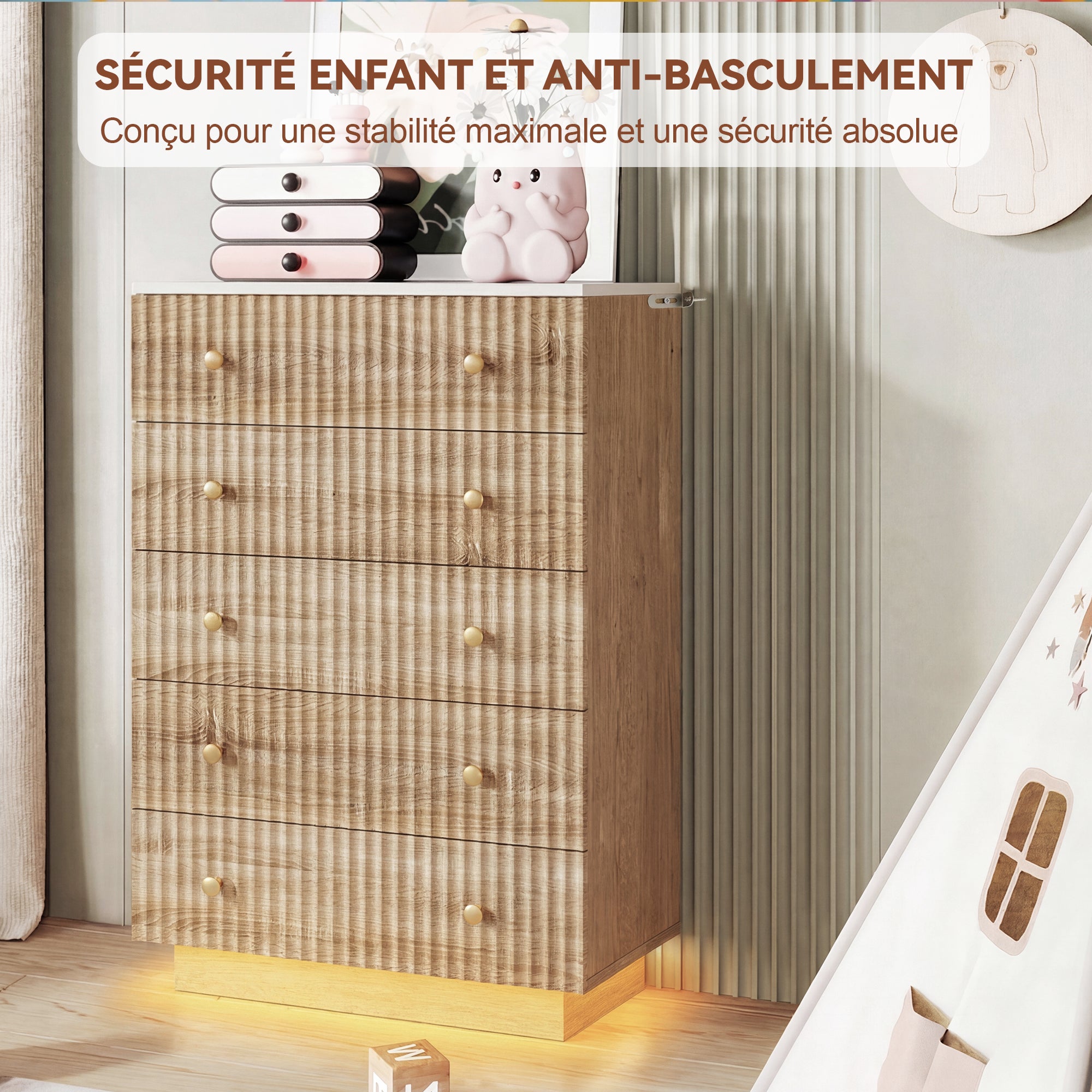 Commode 5 tiroirs - Commode Chambre Meuble de Rangement Style bohème avec Bois - table de chevet avec LED - 40 x 73 x 111 cm - Bois Naturel - 8