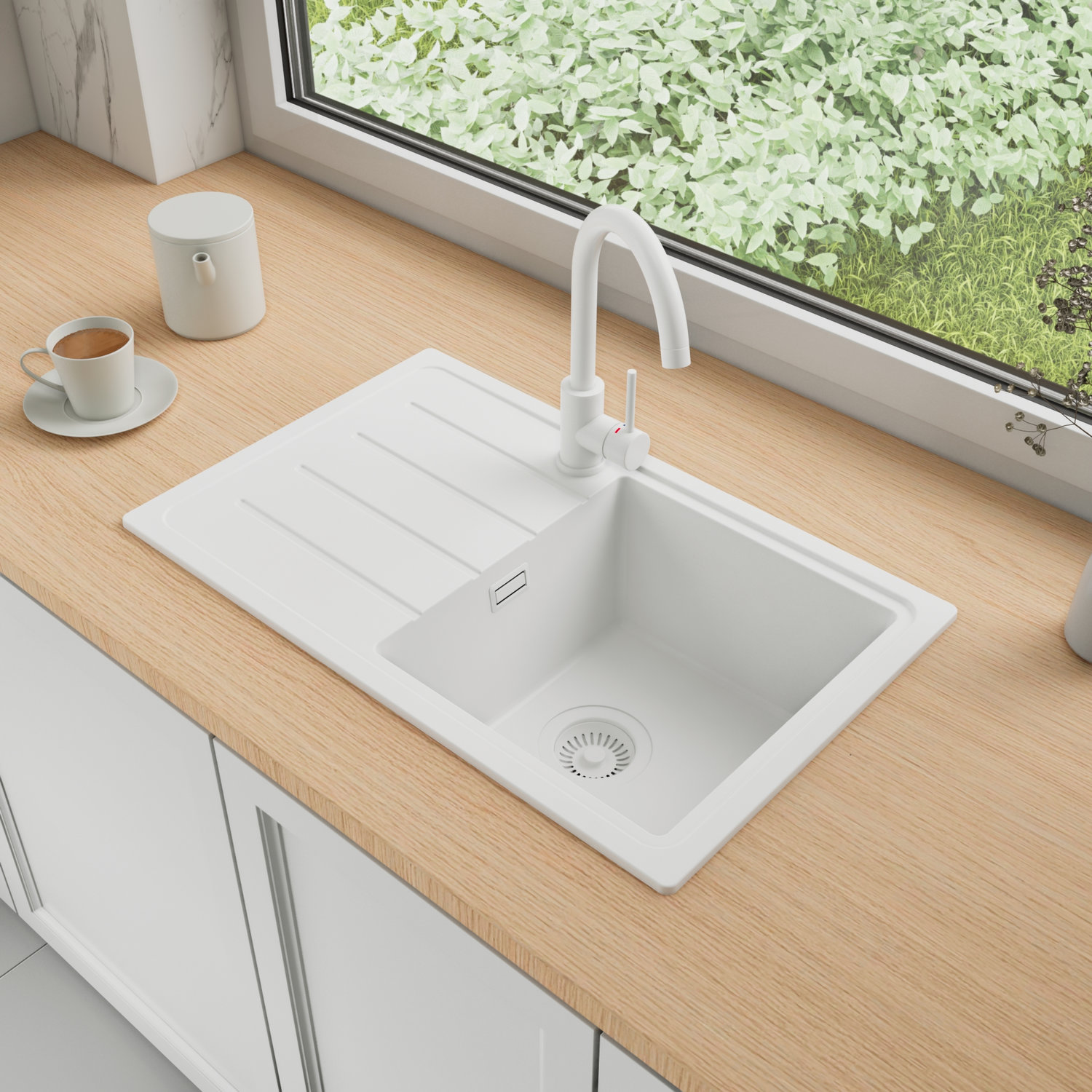 Zlewozmywak Granitowy 70x44cm, do szafki od 45cm + Bateria + Syfon - Ametyst Cały Biały STONESTYLE