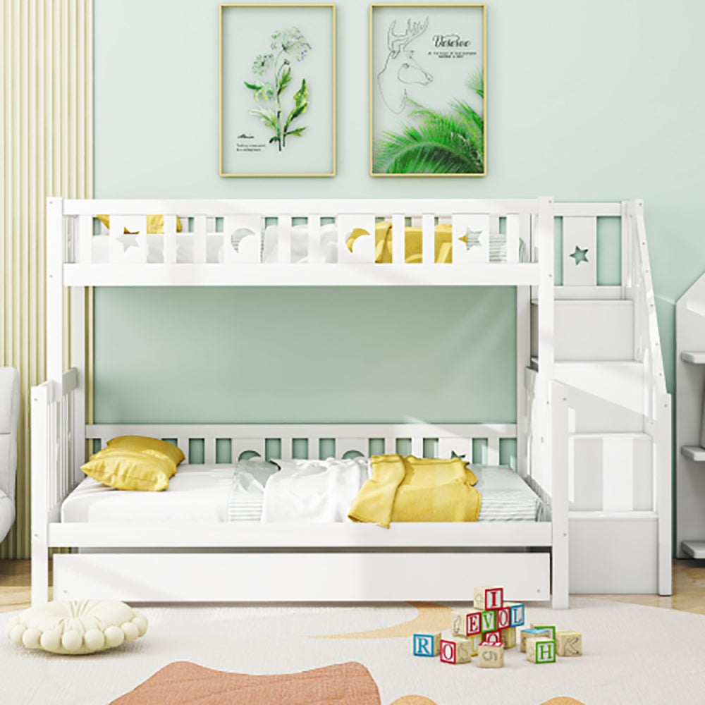 Lit Superposé Double 90x200 Cm Avec Lit Gigogne Et Tiroirs - Enfants/Ados, Pin Et MDF, Blanc - Protection Anti-Chute