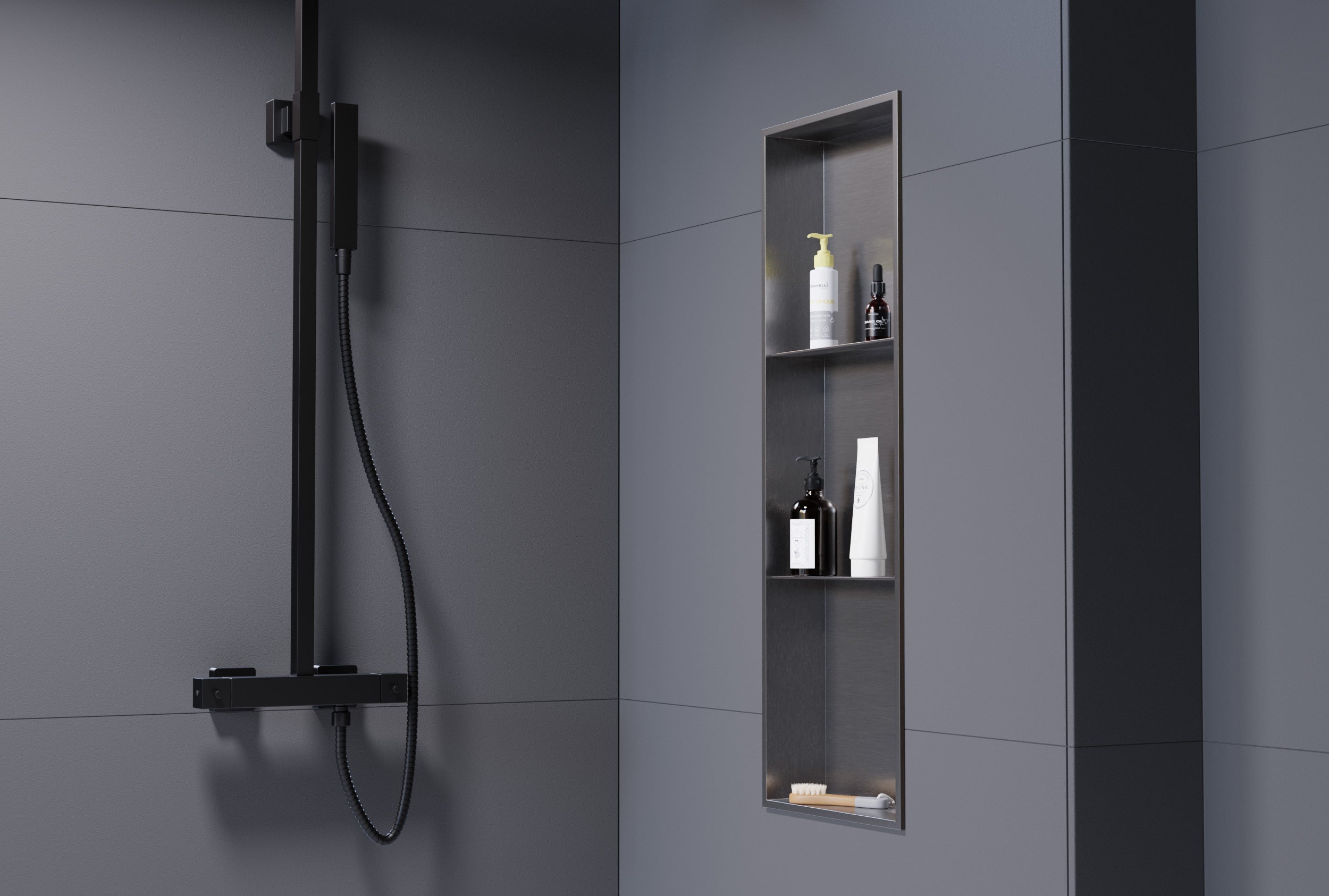 Nicchia Bagno Incasso In Acciaio Inox Nero – 3 In 1 Con Porta Carta Igienica E Cestino – Rack Doccia Salvaspazio - 3